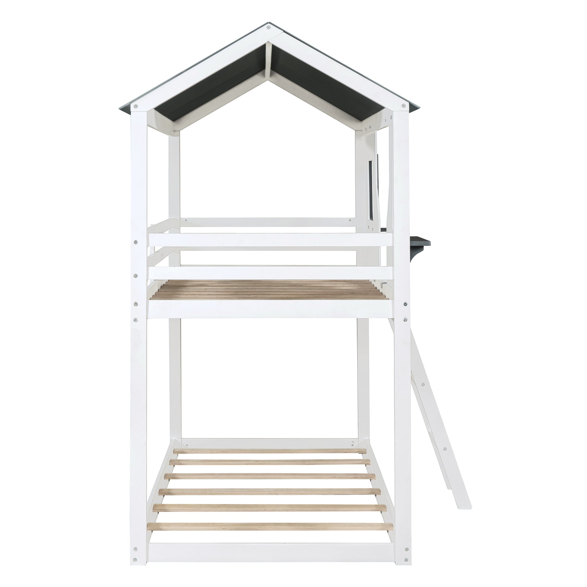 Twin Over Twin Bunk Bed Wood Bed With Roof, Window, Guardrail, Ladder White Old Sku :Lt000045Aak White Solid Wood