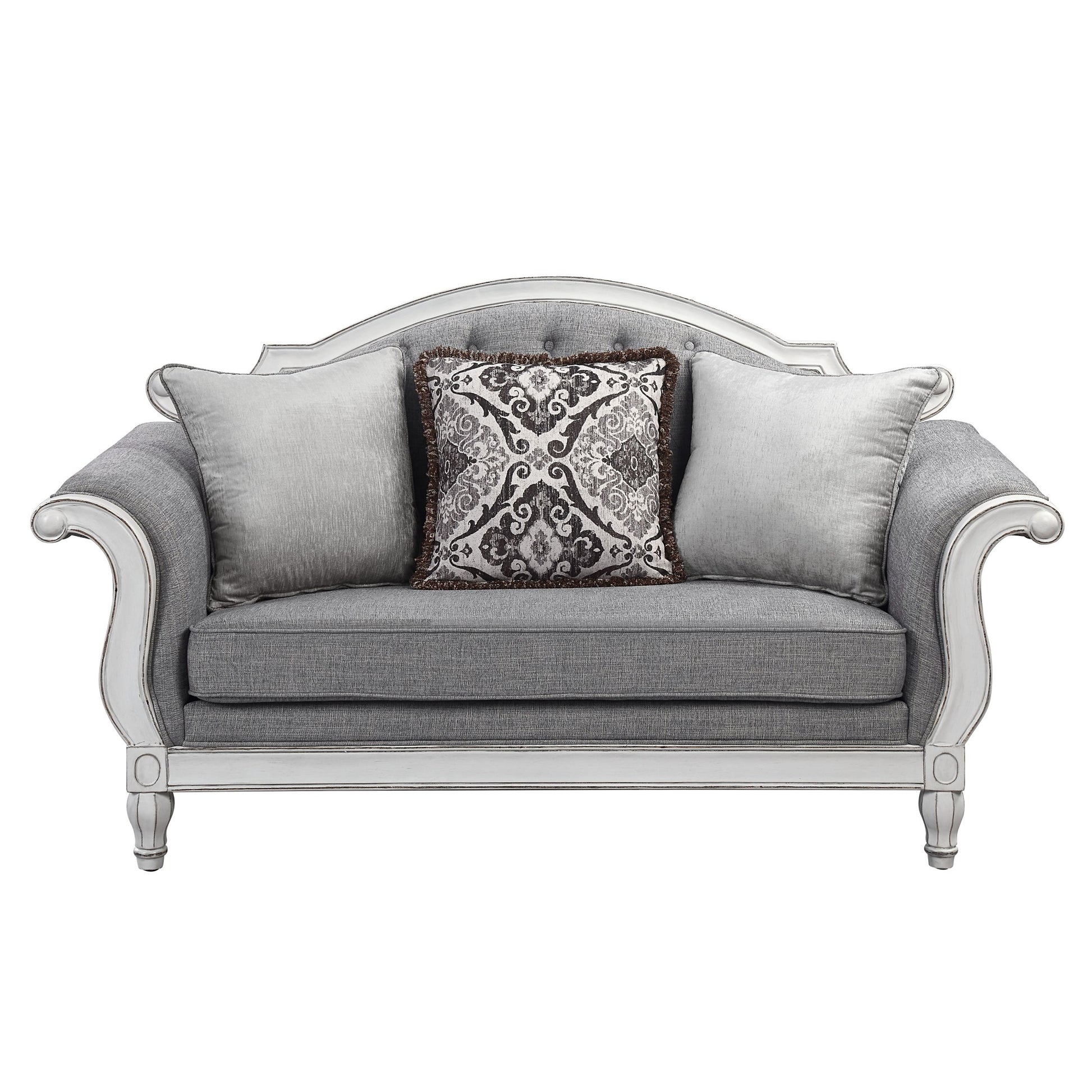 Florian Loveseat W 3 Pillows, Gray Fabric & Antique White Finish Lv02120 Gray Fabric