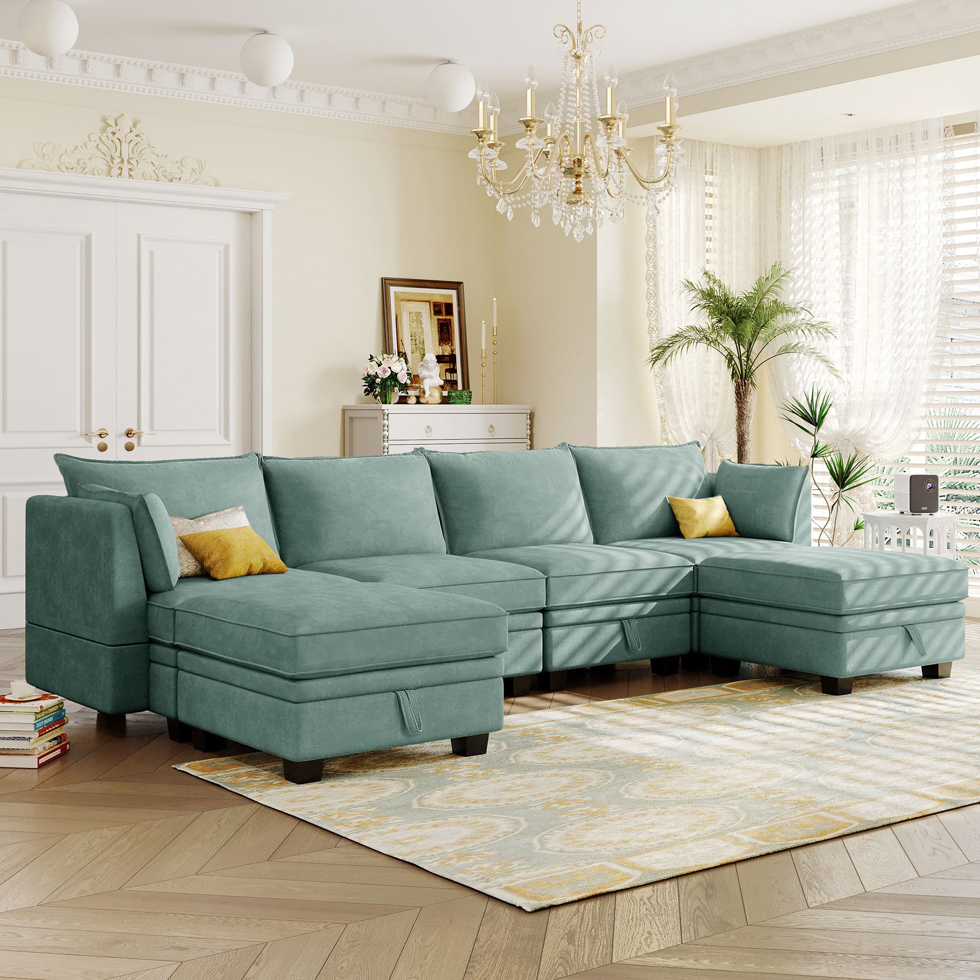 Modern Large U Shape Modular Sectional Sofa, Convertible Sofa Bed With Reversible Chaise For Living Room, Storage Seat Light Green Linen