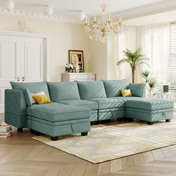 Modern Large U Shape Modular Sectional Sofa, Convertible Sofa Bed With Reversible Chaise For Living Room, Storage Seat Light Green Linen