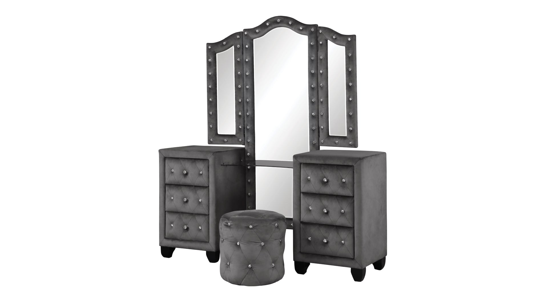 Maya Crystal Tufted King 4 Pc Vanity Bedroom Set Made With Wood In Gray Box Spring Not Required King Gray Wood 4 Piece Set Bedroom Contemporary,Modern Upholstered Velvet Tufted Wood