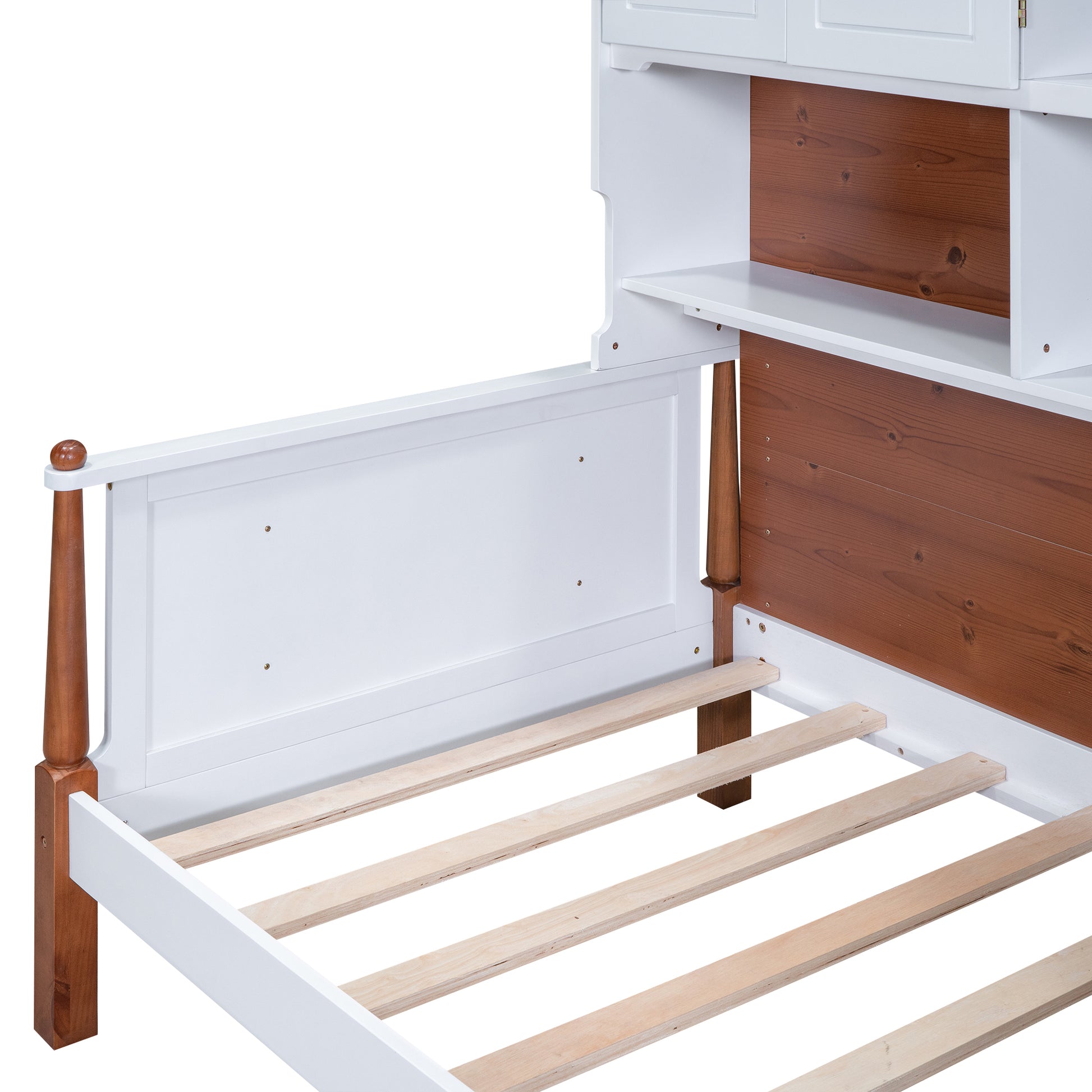 Twin Size Platform Bed With Multiple Storage, White Walnut Box Spring Not Required Twin White Walnut Wood Bedroom Solid Wood Mdf