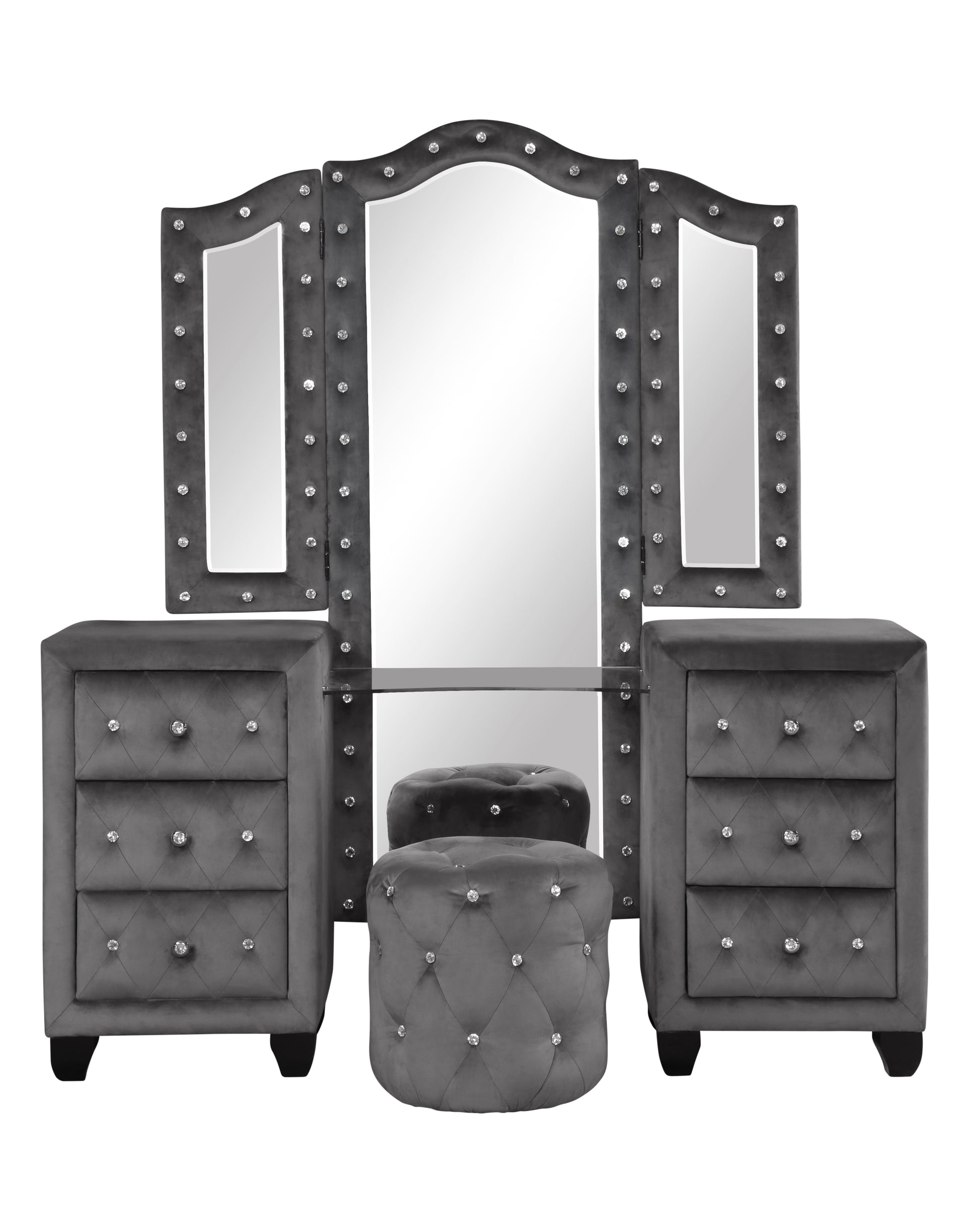 Monica Luxurious Four Poster Full 4 Pc Vanity Bedroom Set Made With Wood In Gray Box Spring Not Required Full Gray Wood 4 Piece Set Bedroom Modern Upholstered Velvet Tufted Wood