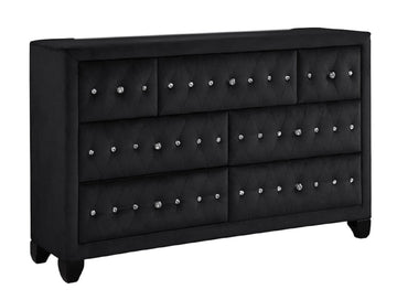 Sophia Modern Style Crystal Tufted Upholstery 7 Drawer Dresser Finished With Velvet Fabric Made With Wood In Black Black Bedroom Contemporary,Modern Upholstered Wood