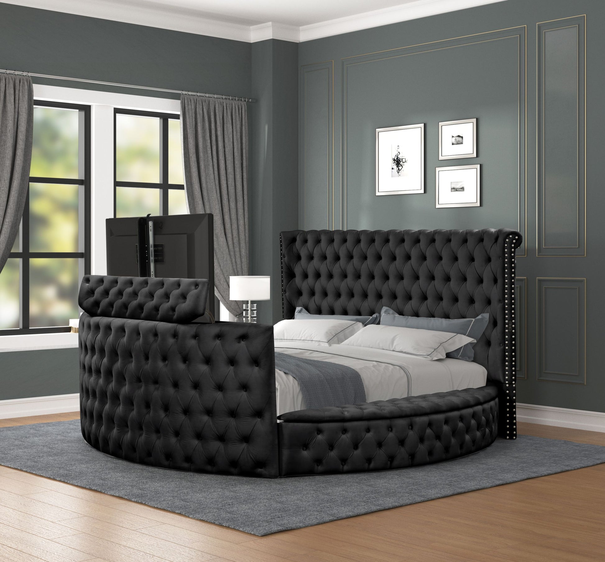 Maya Modern Style Crystal Tufted King Bed Made With Wood In Black Box Spring Not Required King Black Wood Bedroom Modern Slat Beds Upholstered Velvet Wood