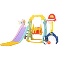 5 In 1 Slide And Swing Playing Set, Toddler Extra Long Slide With 2 Basketball Hoops, Football, Ringtoss, Indoor Outdoor Red Hdpe