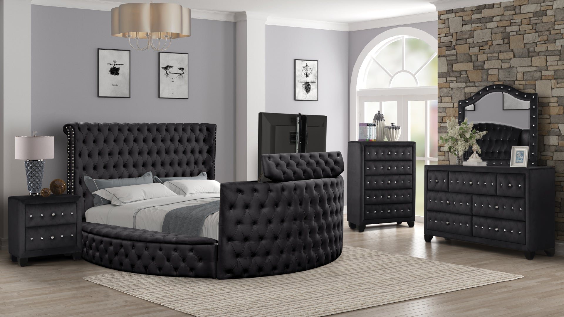 Modern Style Crystal Tufted King 5Pc Bed Room Set Made With Wood In Black Box Spring Not Required King Black Wood 5 Piece Set Bedroom Bed Included,Chest Included,Dresser Included,Mirror Included,Nightstand Included Modern Upholstered Velvet Wood