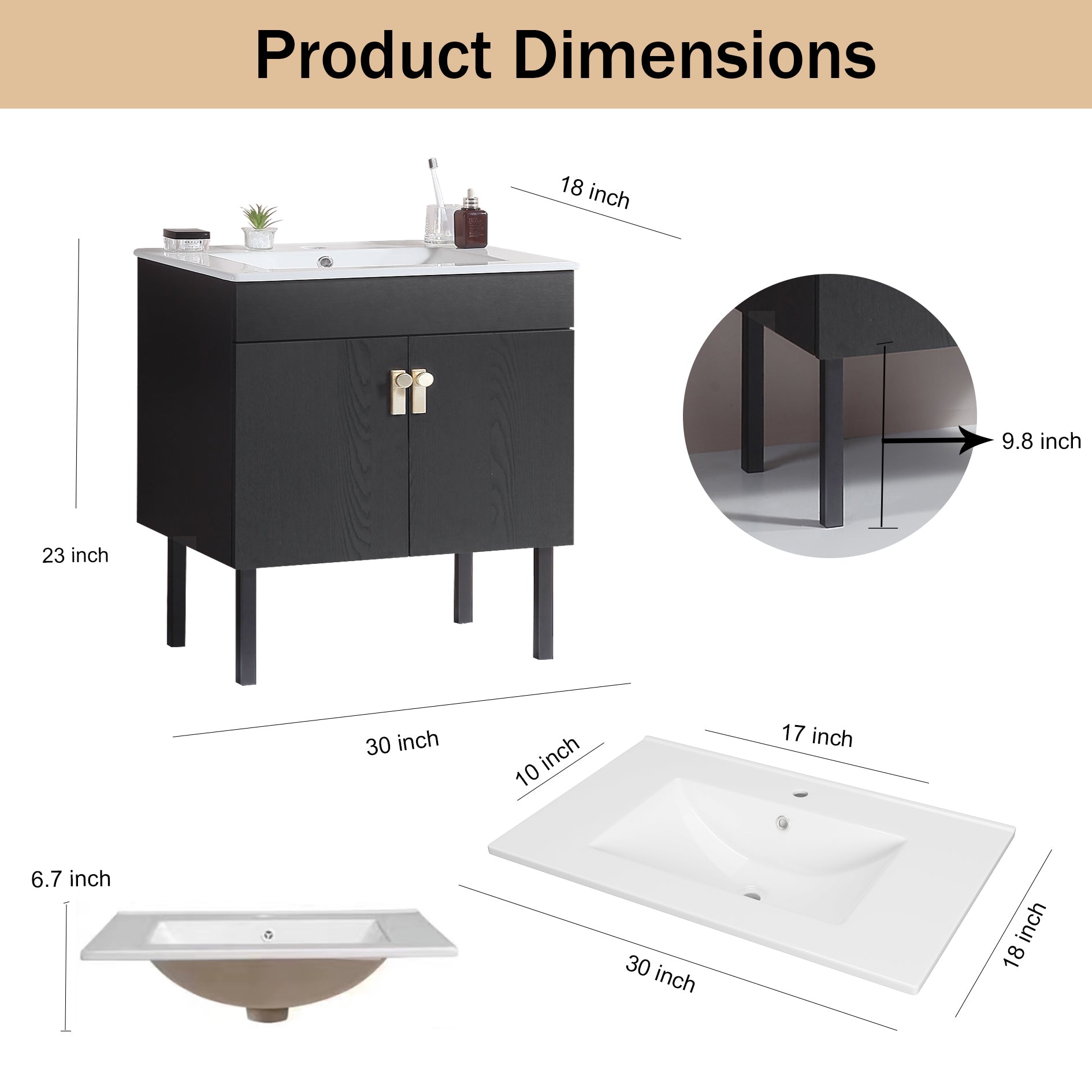 30" Bathroom Vanity With Metal Leg,With White Ceramic Basin,Two Soft Close Cabinet Doors, Solid Wood,Excluding Faucets,Black Black Solid Wood