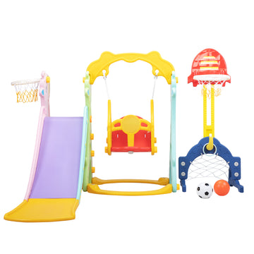 5 In 1 Slide And Swing Playing Set, Toddler Extra Long Slide With 2 Basketball Hoops, Football, Ringtoss, Indoor Outdoor Red Hdpe