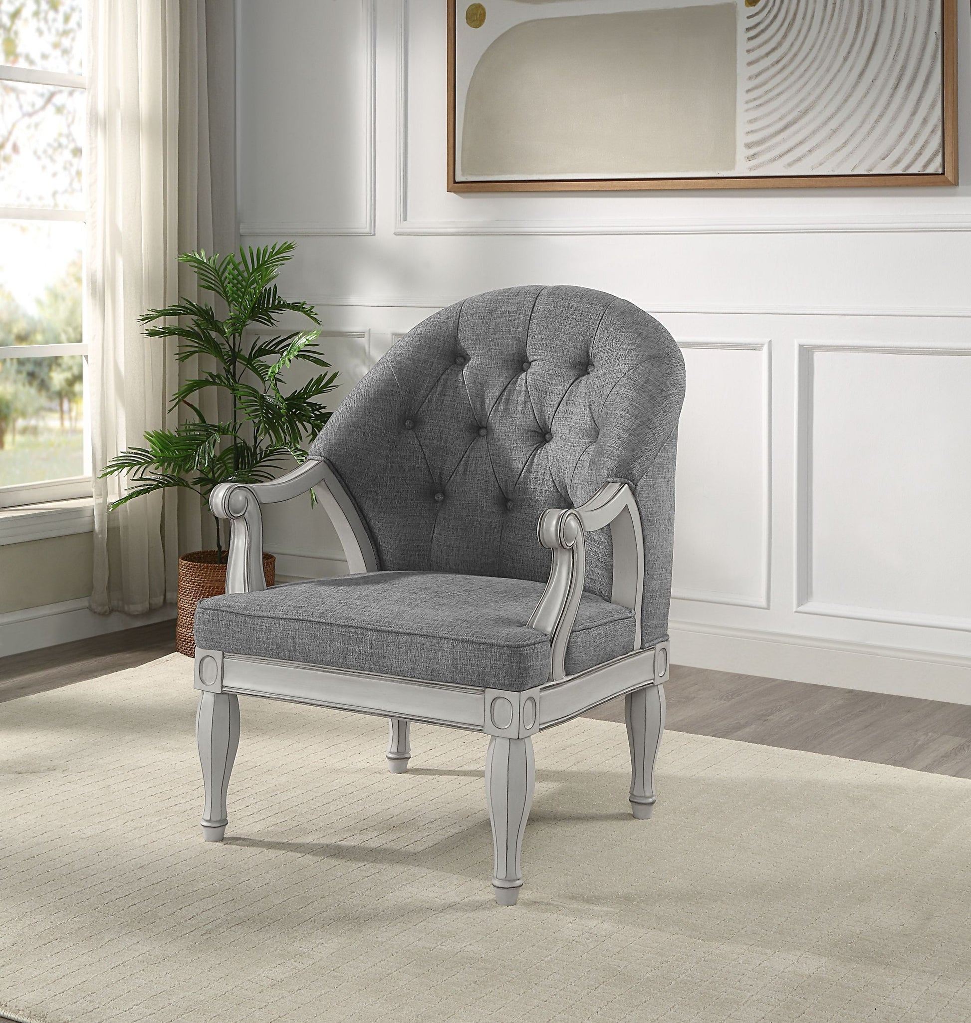 Florian Chair, Gray Fabric & Antique White Finish Lv02121 Gray Fabric