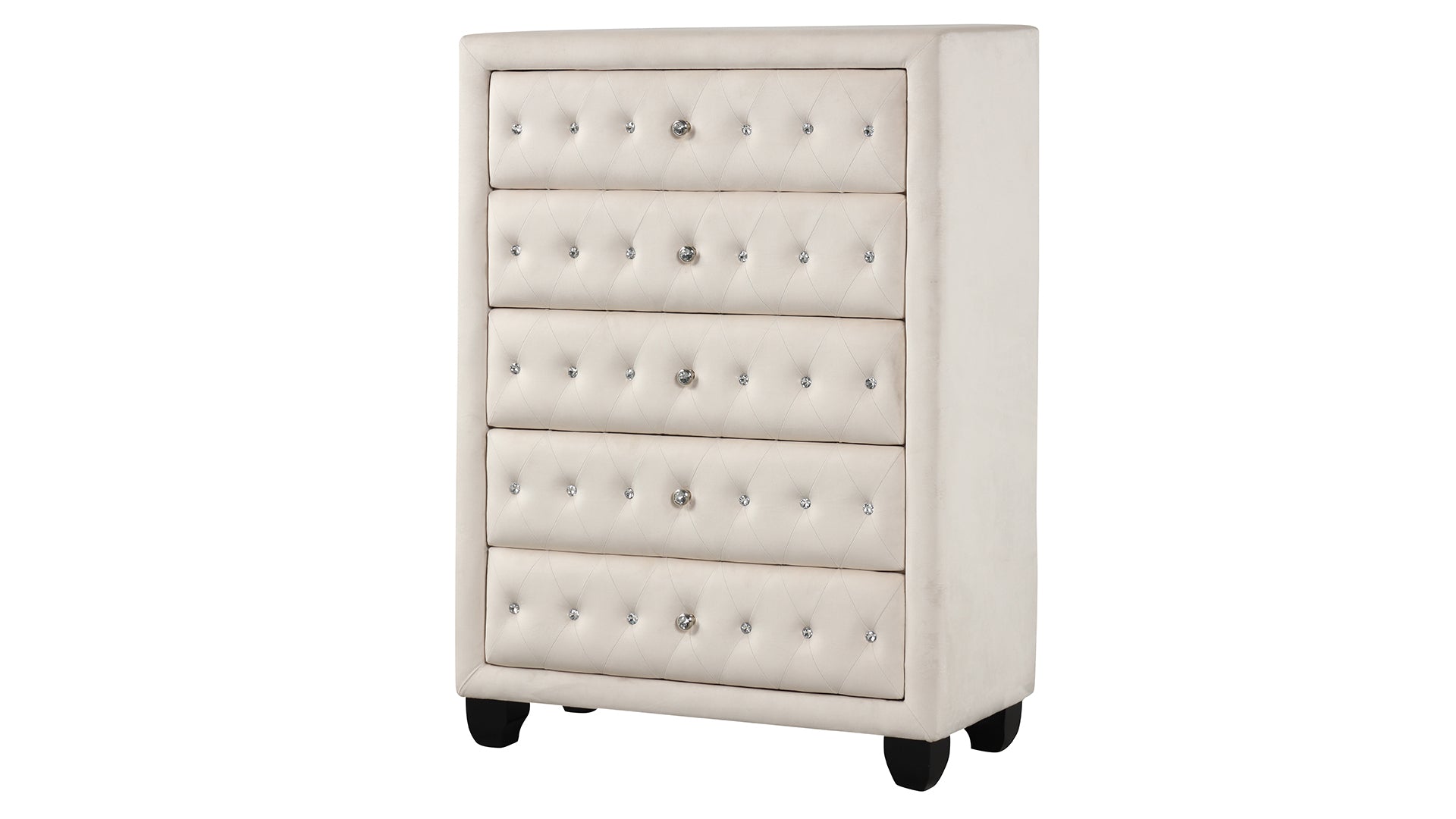 Sophia Modern Style Crystal Tufted Upholstery 5 Drawer Chest Finished With Velvet Fabric Made With Wood In Cream Cream Bedroom Contemporary,Modern Upholstered Wood