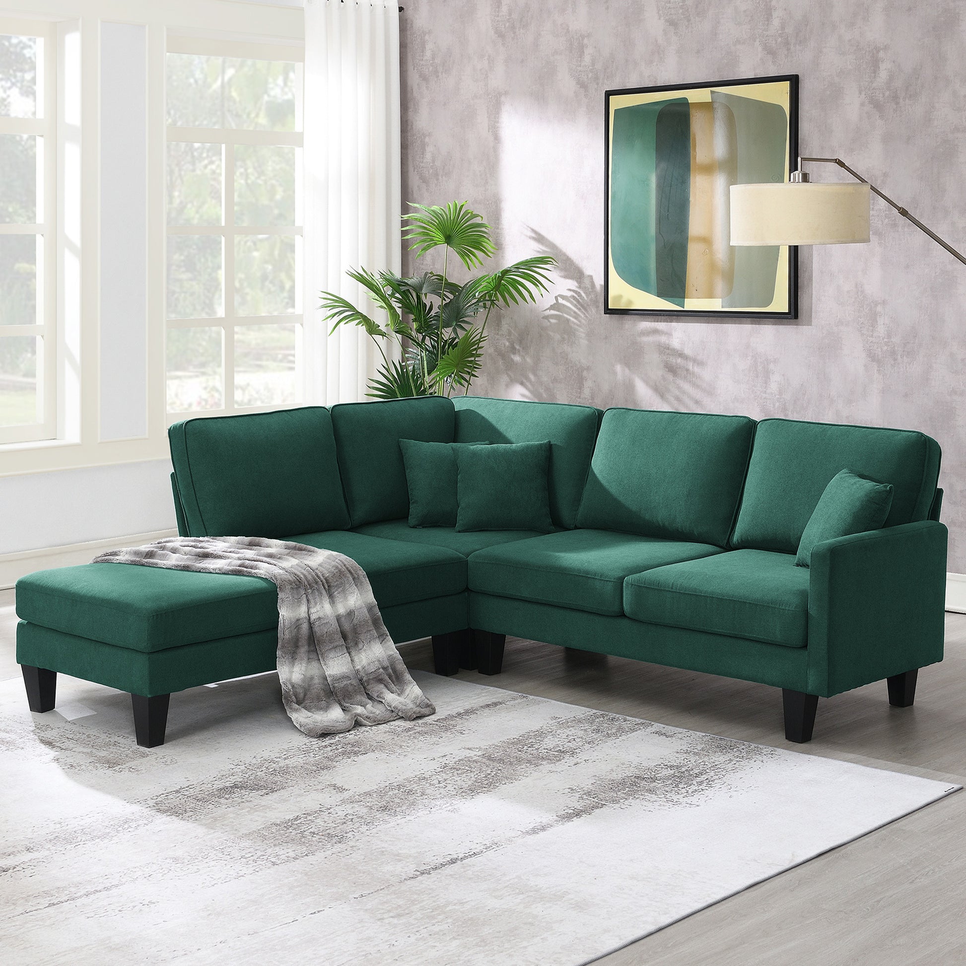 90*88" Terrycloth Modern Sectional Sofa,5 Seat Practical Couch Set With Chaise Lounge,L Shape Minimalist Indoor Furniture With 3 Pillows For Living Room,Apartment,Office, 3 Colors Green Fabric