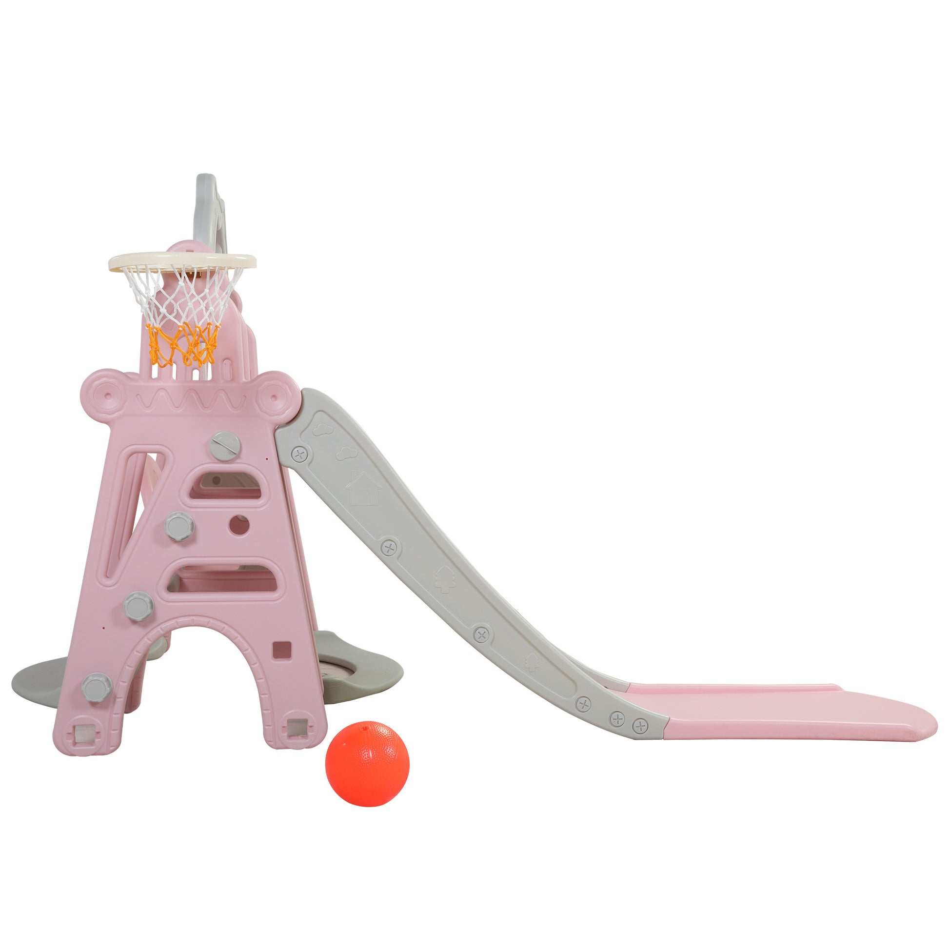 Kids Swing And Slide Set 3 In 1 Slide With Basketball Hoop For Indoor And Outdoor Activity Center, Pink Gray Pink Grey Hdpe