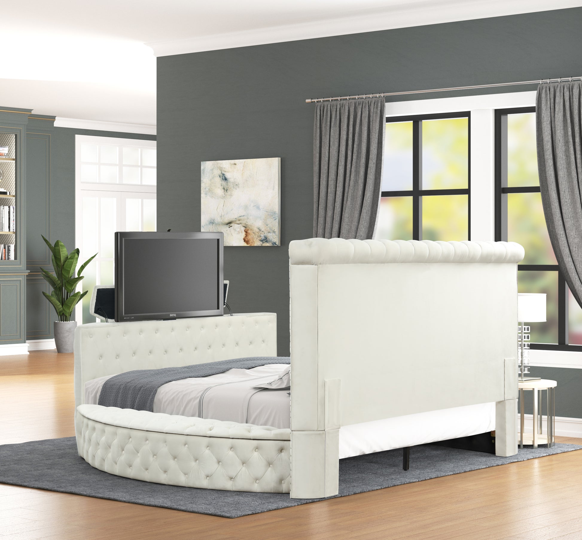 Maya Modern Style Crystal Tufted King Bed Made With Wood In Cream Box Spring Not Required King Cream Wood Bedroom Contemporary,Modern Slat Beds Upholstered Velvet Wood