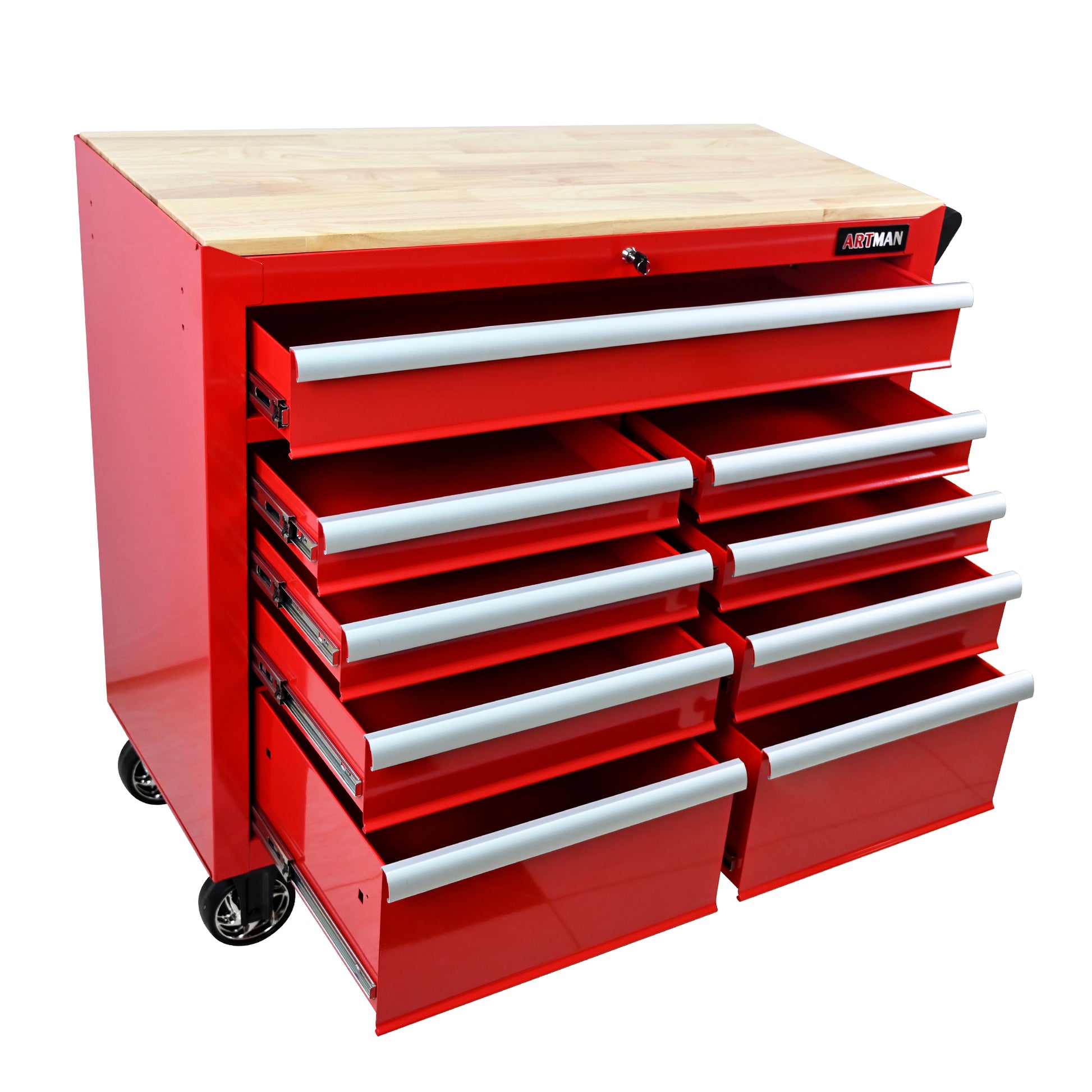 9 Drawers Multifunctional Tool Cart With Wheels And Wooden Top Red Steel