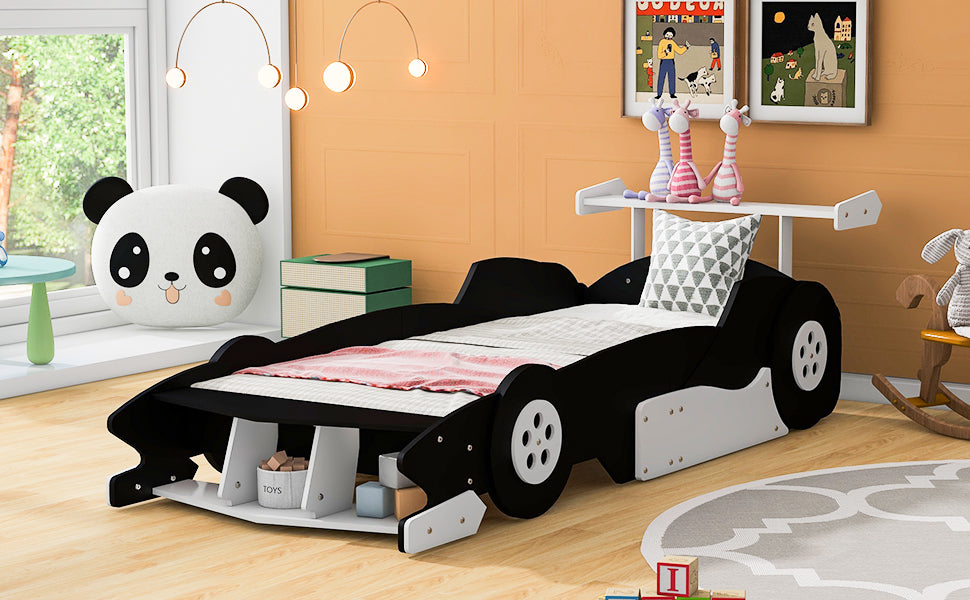 Twin Size Race Car Shaped Platform Bed With Wheels,Black Black Plywood