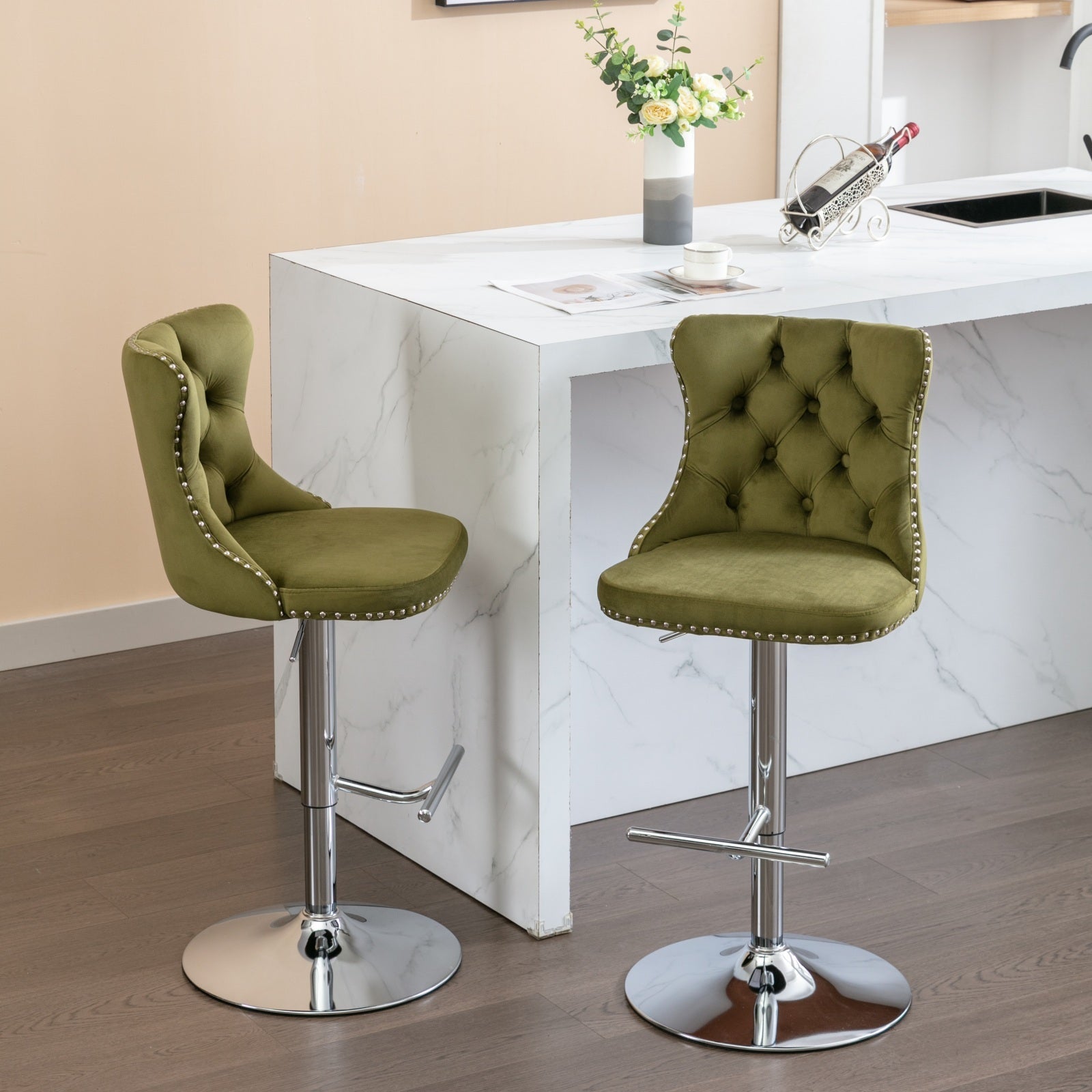 Swivel Velvet Barstools Adjusatble Seat Height From 25 33 Inch, Modern Upholstered Chrome Base Bar Stools With Backs Comfortable Tufted For Home Pub And Kitchen Island, Olive Green,Set Of 2,1712Ol Olive Green Dining Room American Design Bar Stools Foam