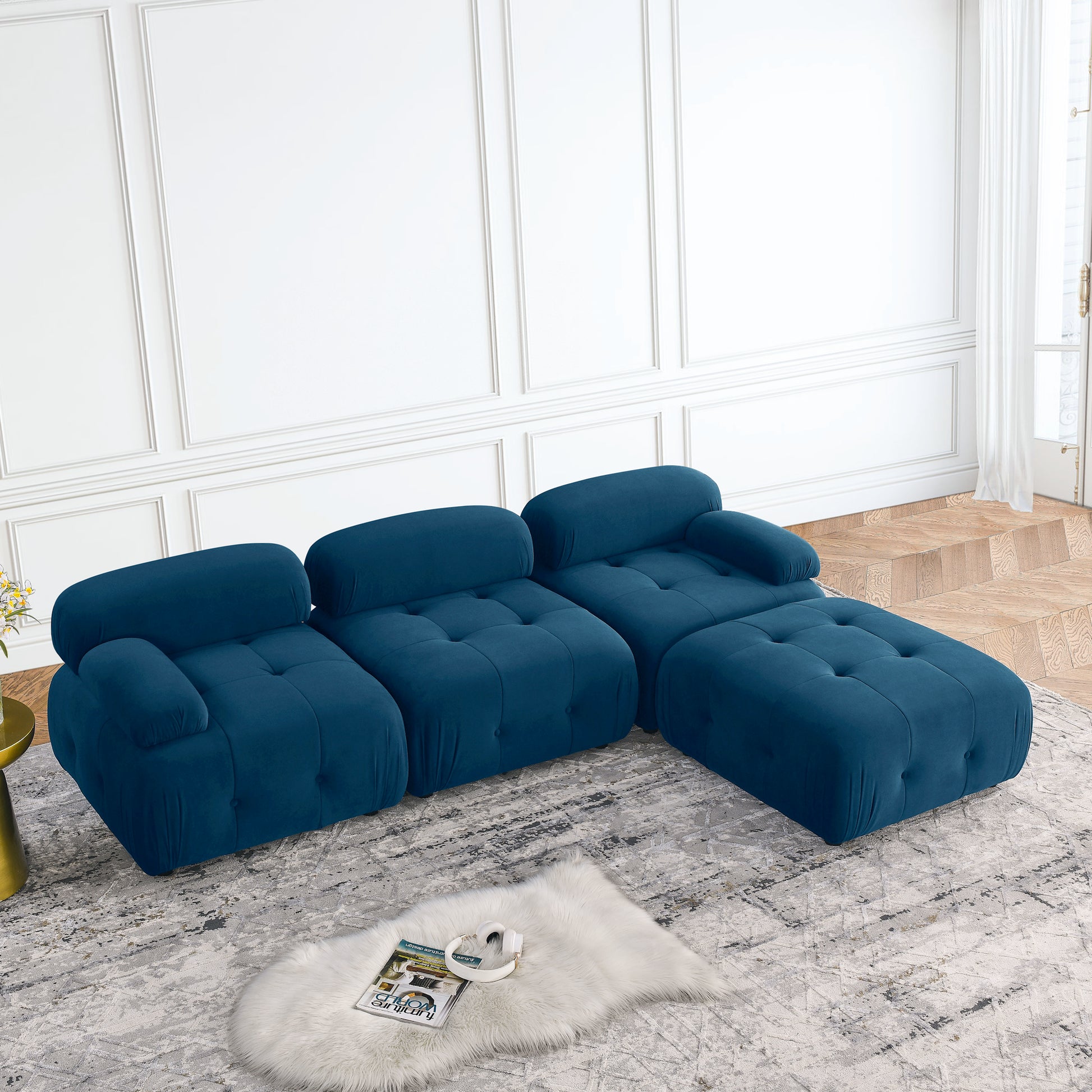 Modular Sectional Sofa, Button Tufted Designed And Diy Combination,L Shaped Couch With Reversible Ottoman, Navy Velvet Navy Velvet Wood Soft Tight Back Eucalyptus Pillow Top Arms Foam Spring