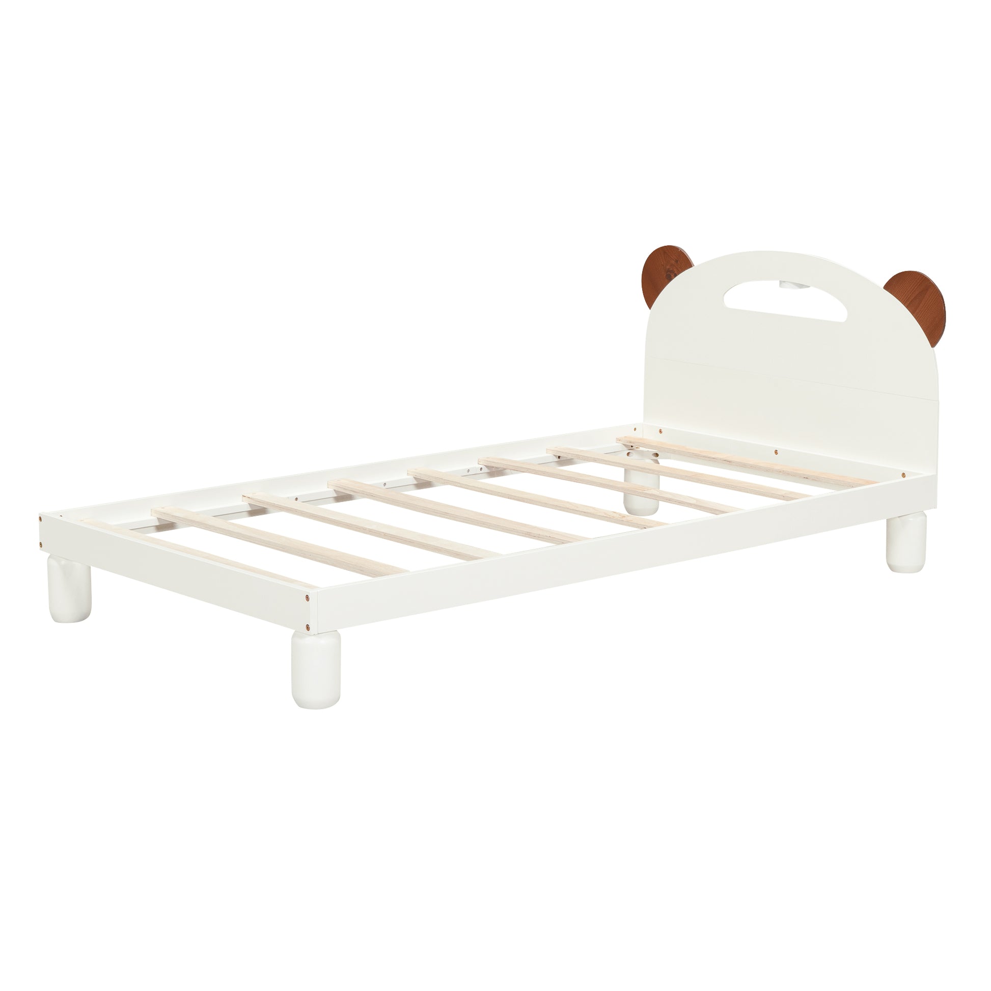 Twin Size Platform Bed With Bear Ears Shaped Headboard And Led, Cream White Box Spring Not Required Twin Cream White Wood Bedroom Solid Wood Mdf