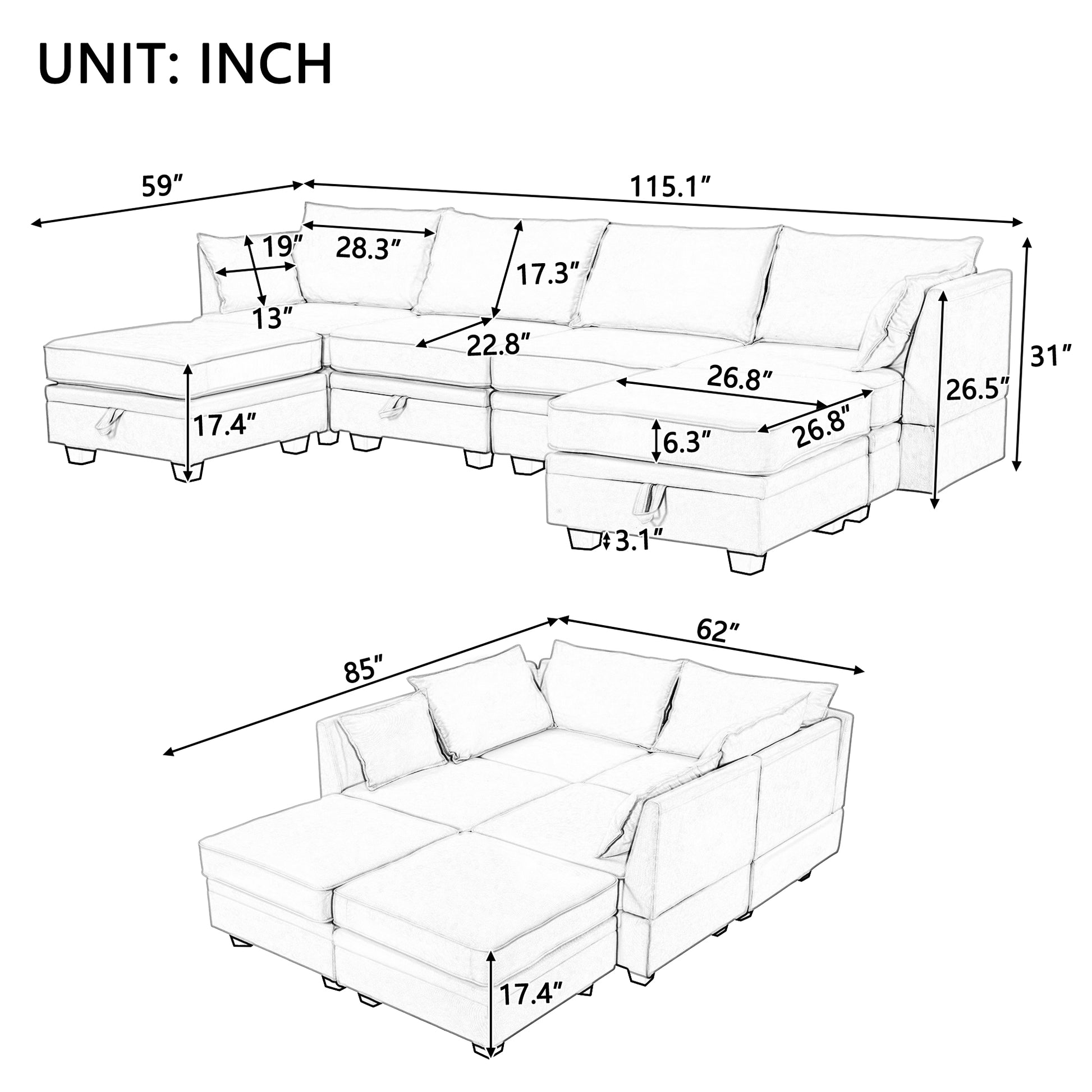 Modern Large U Shape Modular Sectional Sofa, Convertible Sofa Bed With Reversible Chaise For Living Room, Storage Seat Dark Grey Linen