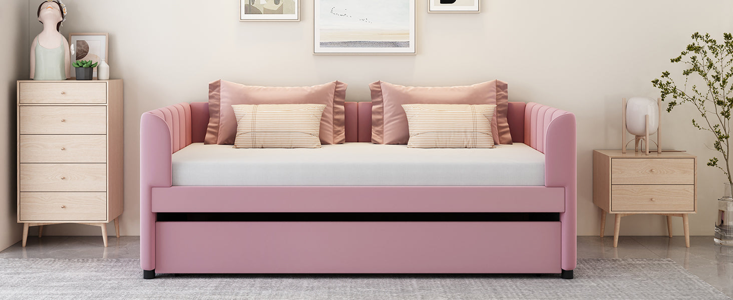 Twin Size Upholstered Daybed With Ergonomic Design Backrest And Trundle, Pink Pink Velvet