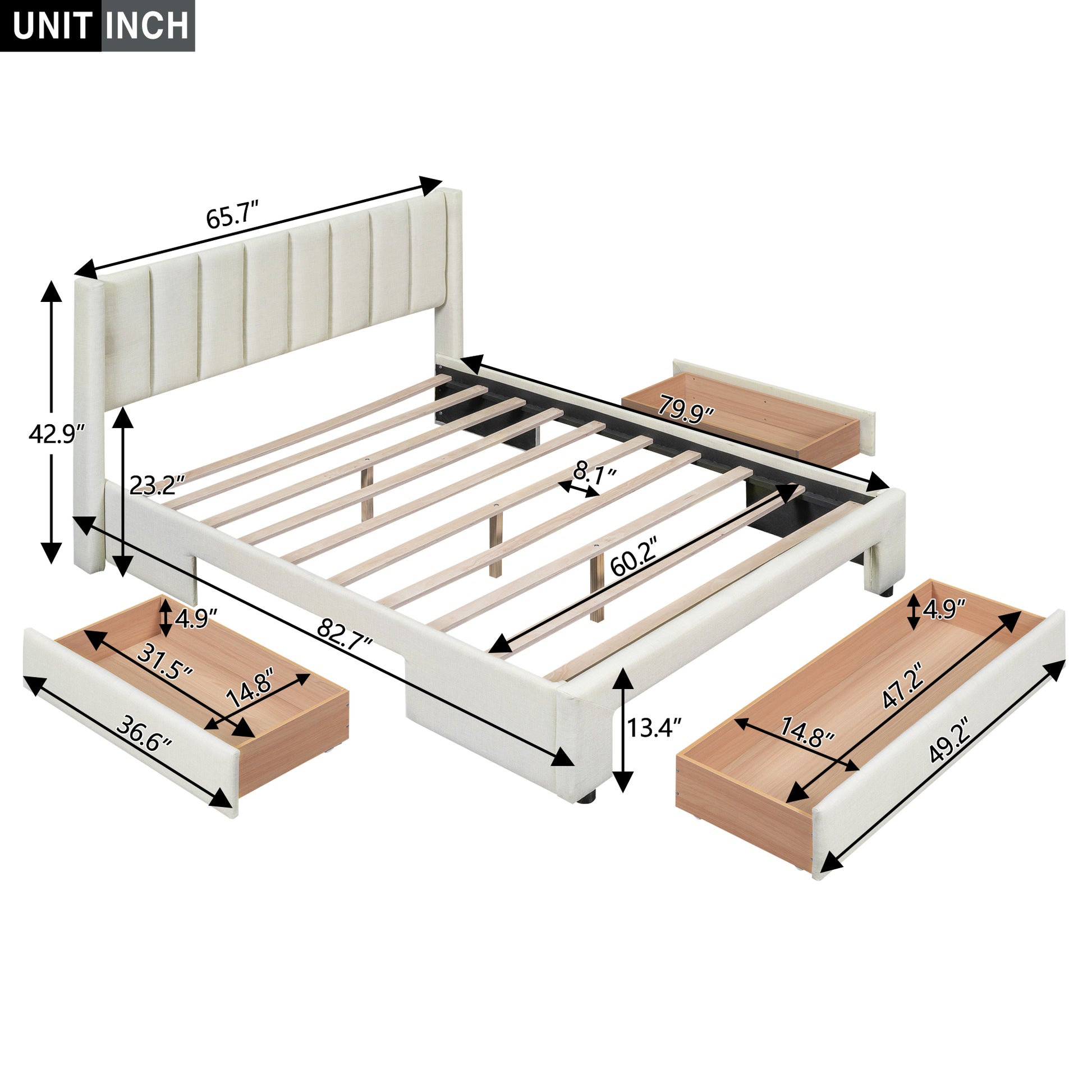 Queen Size Upholstered Platform Bed With One Large Drawer In The Footboard And Drawer On Each Side,Beige Box Spring Not Required Queen Beige Wood Bedroom Bed Frame Linen Upholstered