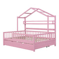 Wooden Full Size House Bed With Twin Size Trundle,Kids Bed With Shelf, Pink Pink Solid Wood