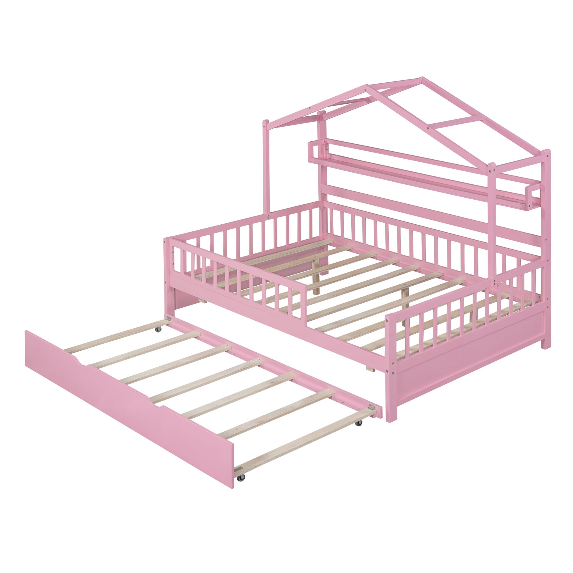 Wooden Full Size House Bed With Twin Size Trundle,Kids Bed With Shelf, Pink Pink Solid Wood