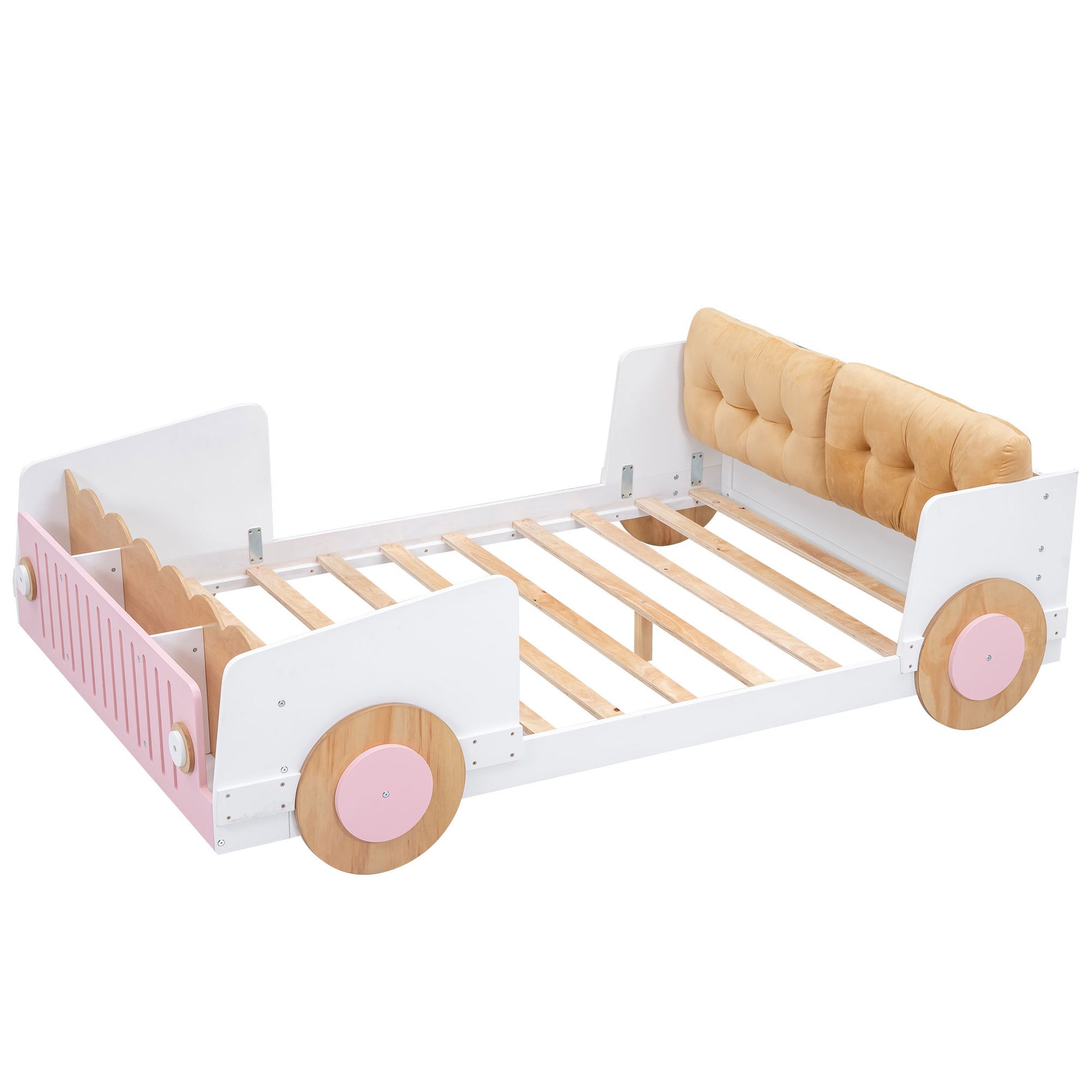 Full Size Car Shaped Platform Bed With Soft Cushion And Shelves On The Footboard, White White Pine