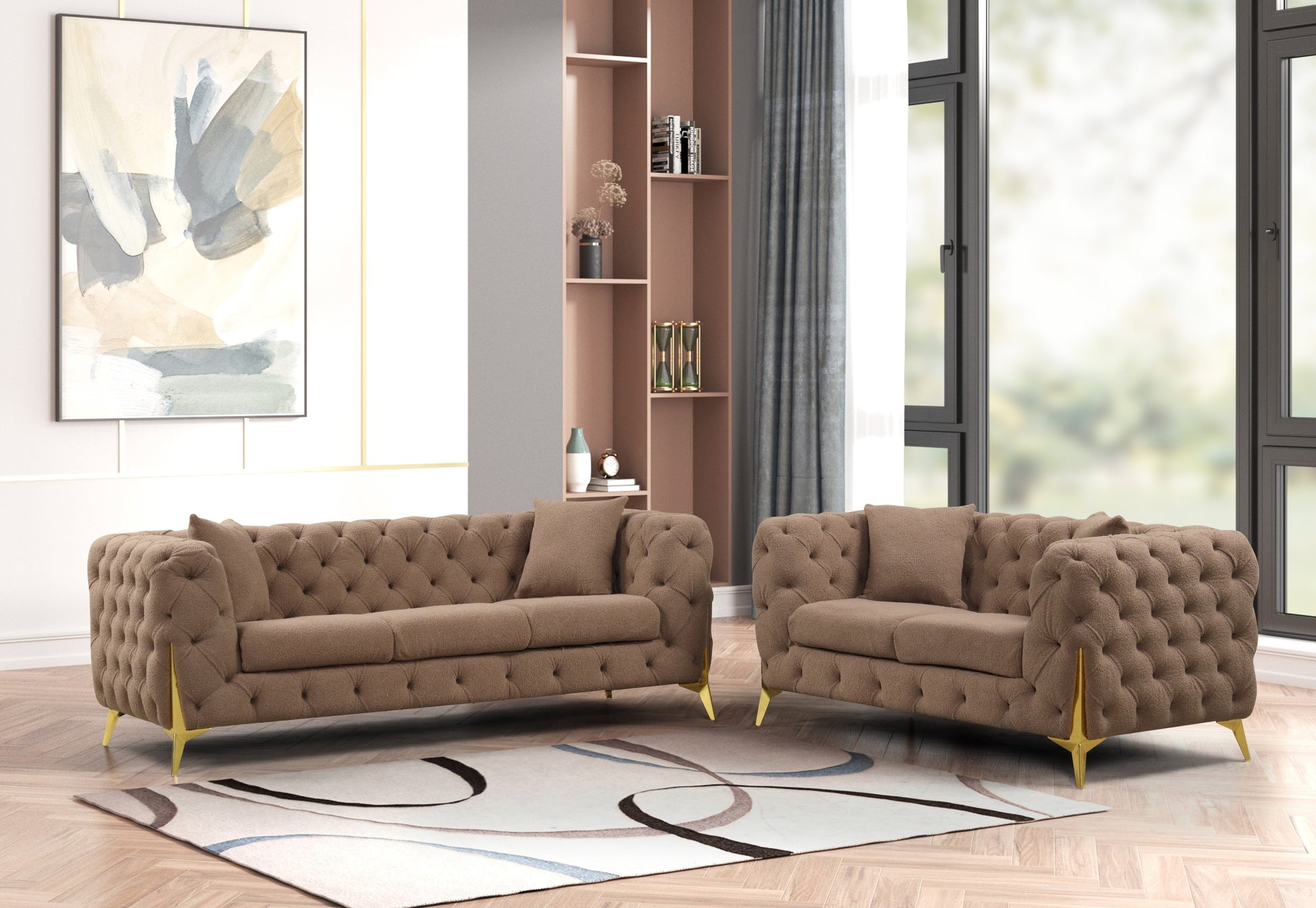 Contempo 2Pc Modern Buckle Fabric Living Room Set Made With Wood In Brown Brown Wood Primary Living Space Contemporary Faux Fur Wood