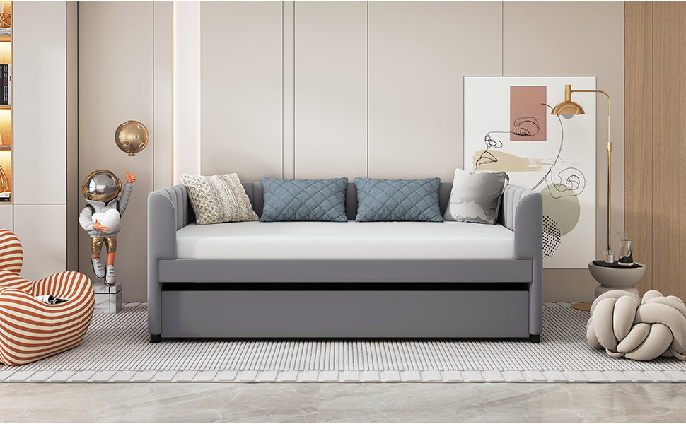 Twin Size Upholstered Daybed With Ergonomic Design Backrest And Trundle, Gray Gray Velvet