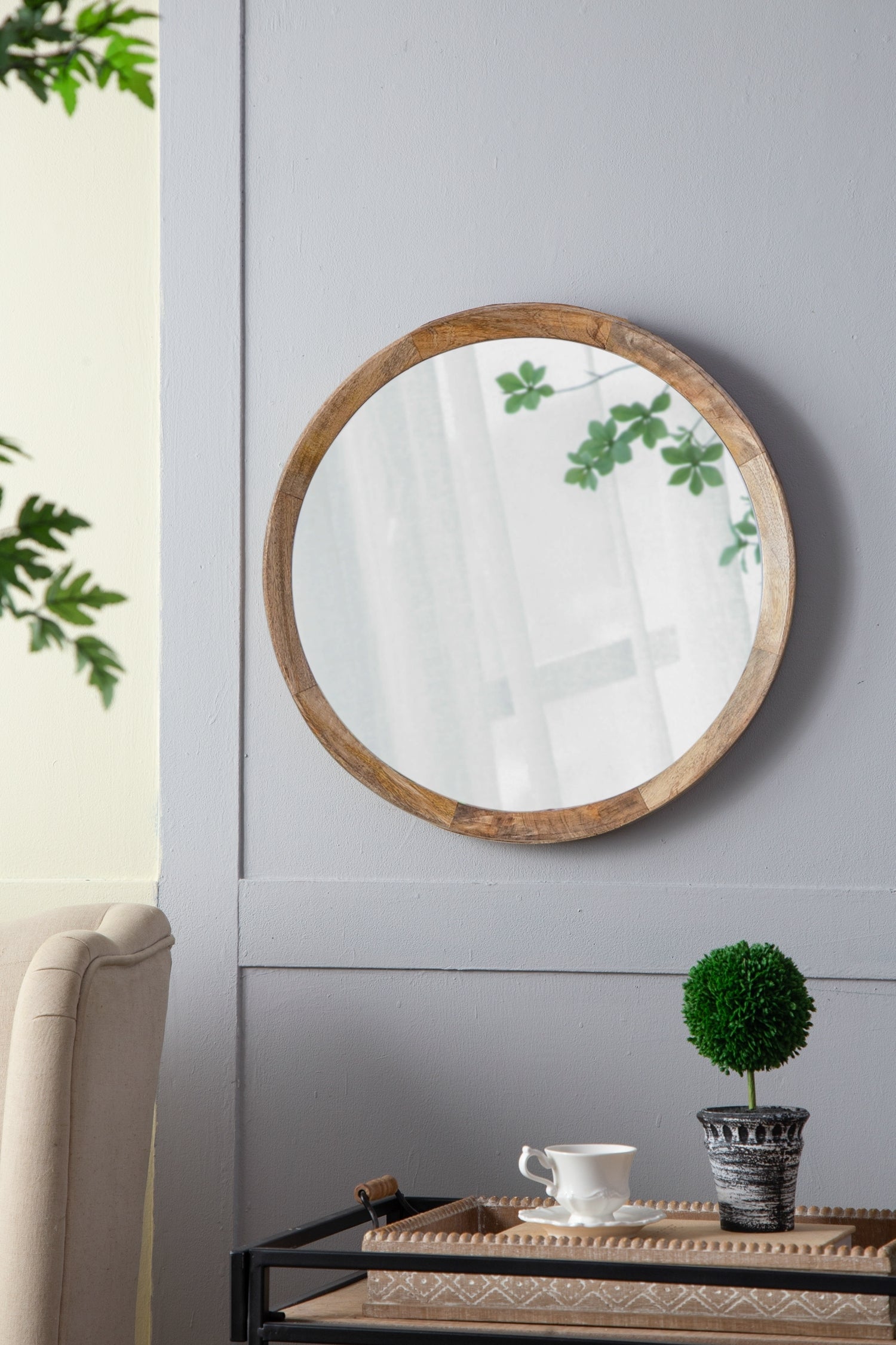 D20X1.5"Transitional Decor Style Mango Wood Wall Mirror Wall Decor With Frame Of Solid Mango Wood For Bathroom,Entryway Console Lean Against Wall Natural Wood Glass