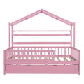 Wooden Full Size House Bed With Twin Size Trundle,Kids Bed With Shelf, Pink Pink Solid Wood