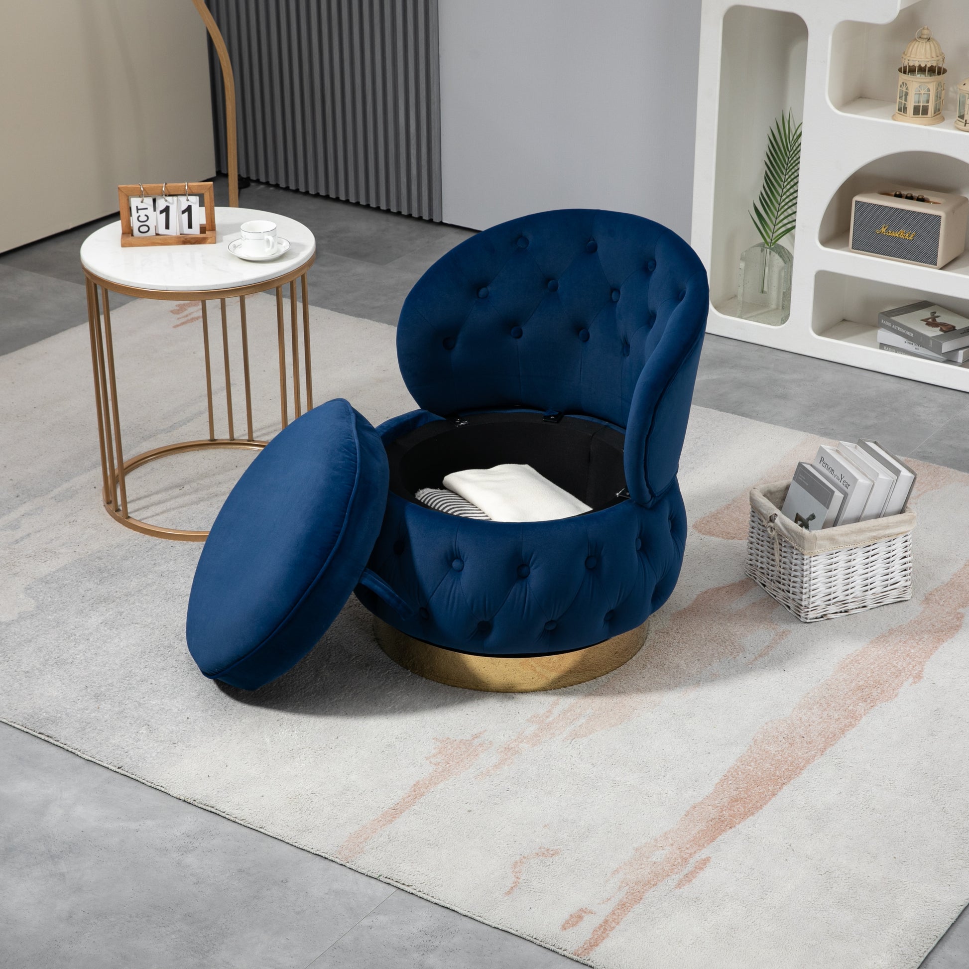 360 Degree Swivel Cuddle Barrel Accent Storage Chairs, Round Armchairs With Wide Upholstered, Fluffy Velvet Fabric Chair For Living Room, Bedroom, Office, Waiting Rooms Navy Primary Living Space Foam Velvet
