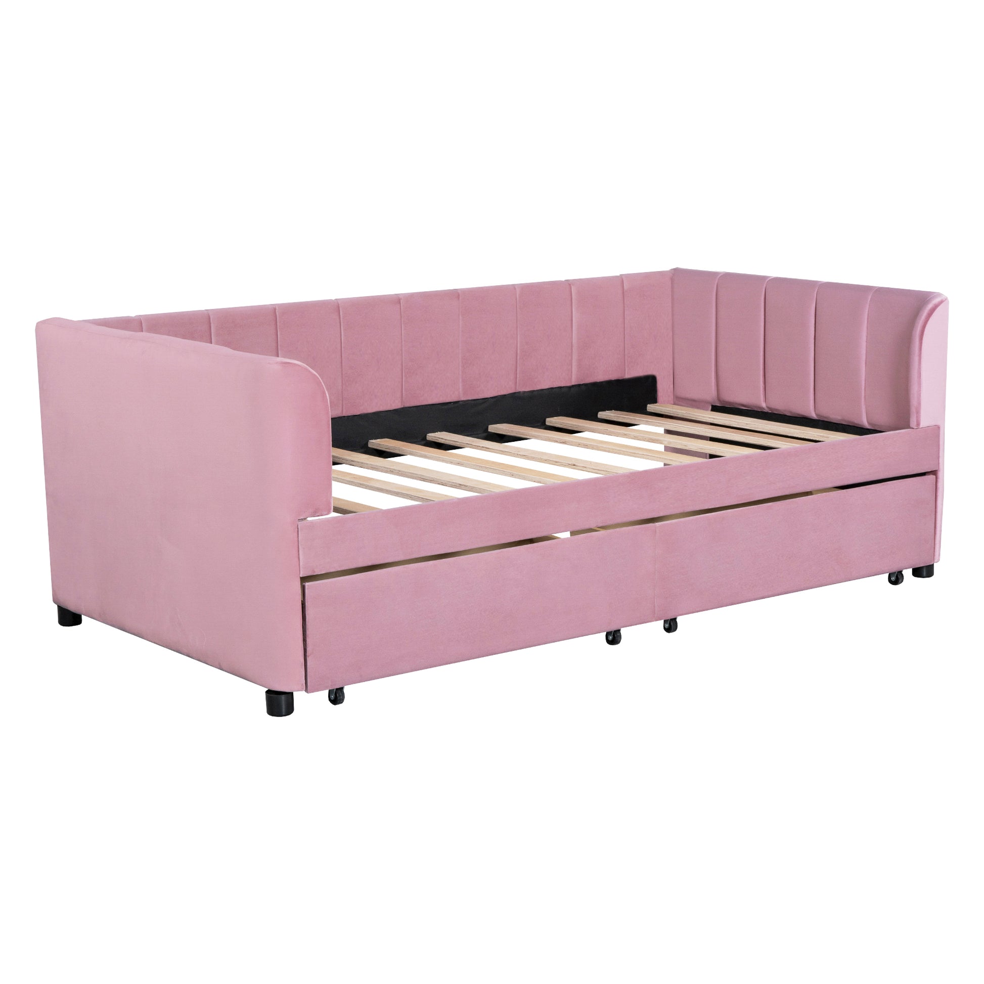 Twin Size Upholstered Daybed With Ergonomic Design Backrest And 2 Drawers, Pink Pink Velvet