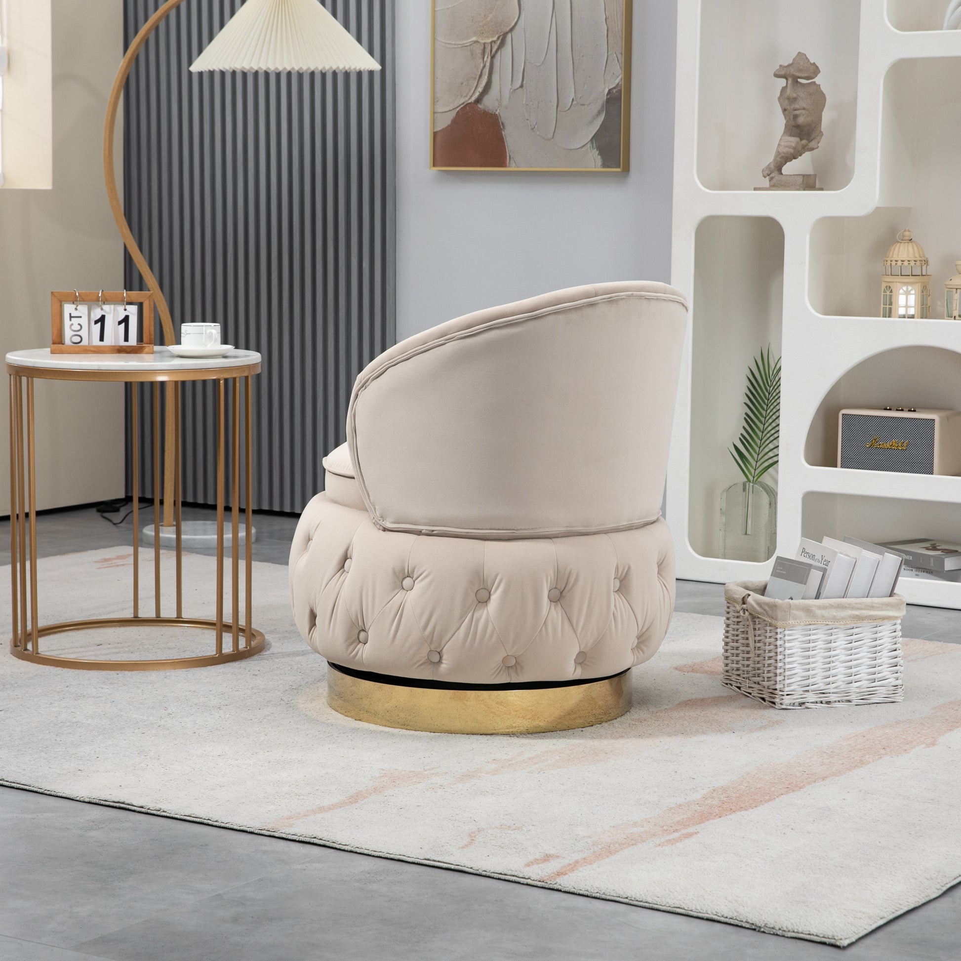360 Degree Swivel Cuddle Barrel Accent Storage Chairs, Round Armchairs With Wide Upholstered, Fluffy Velvet Fabric Chair For Living Room, Bedroom, Office, Waiting Rooms Beige Primary Living Space Foam Velvet