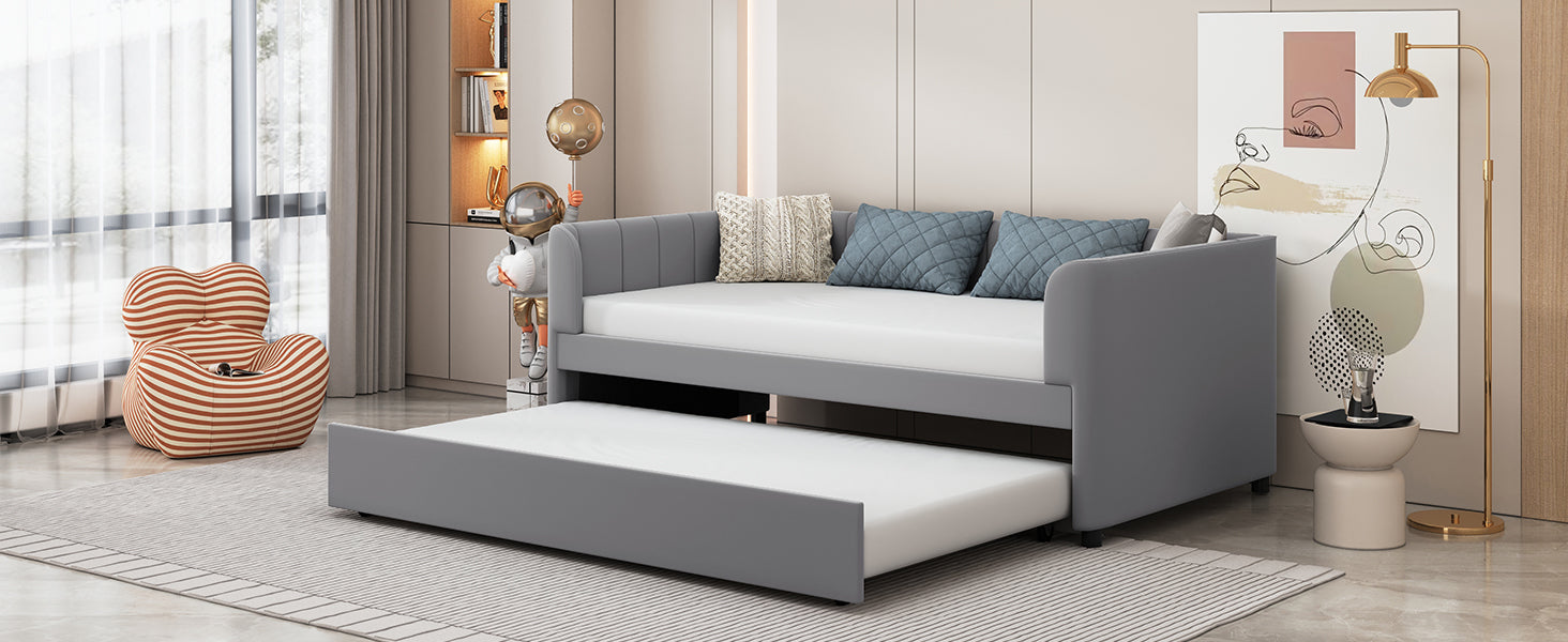 Twin Size Upholstered Daybed With Ergonomic Design Backrest And Trundle, Gray Gray Velvet