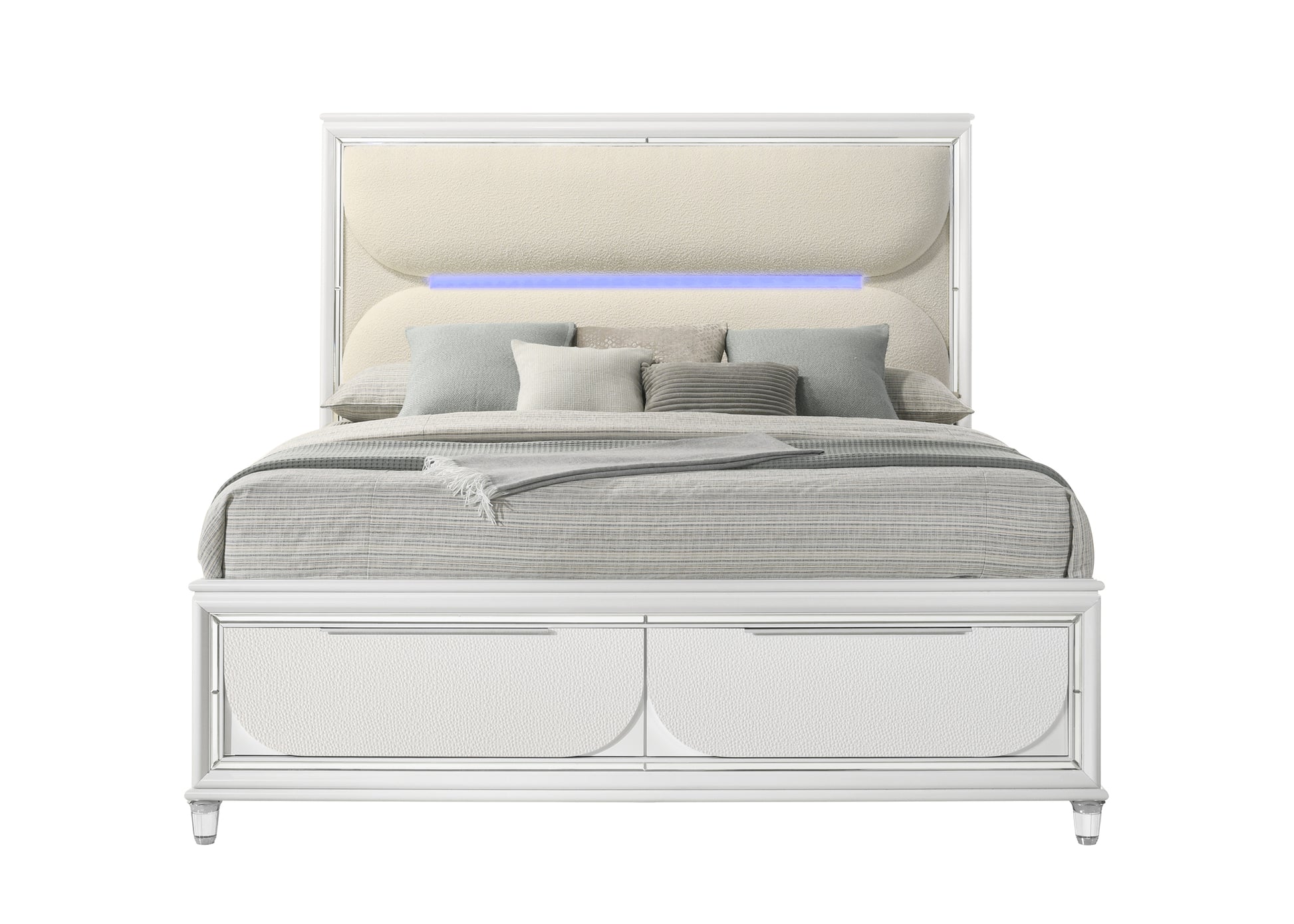 Tarian Queen Bed W Storage & Led, White Boucle & Pearl White Finish Bd02317Q White Wood