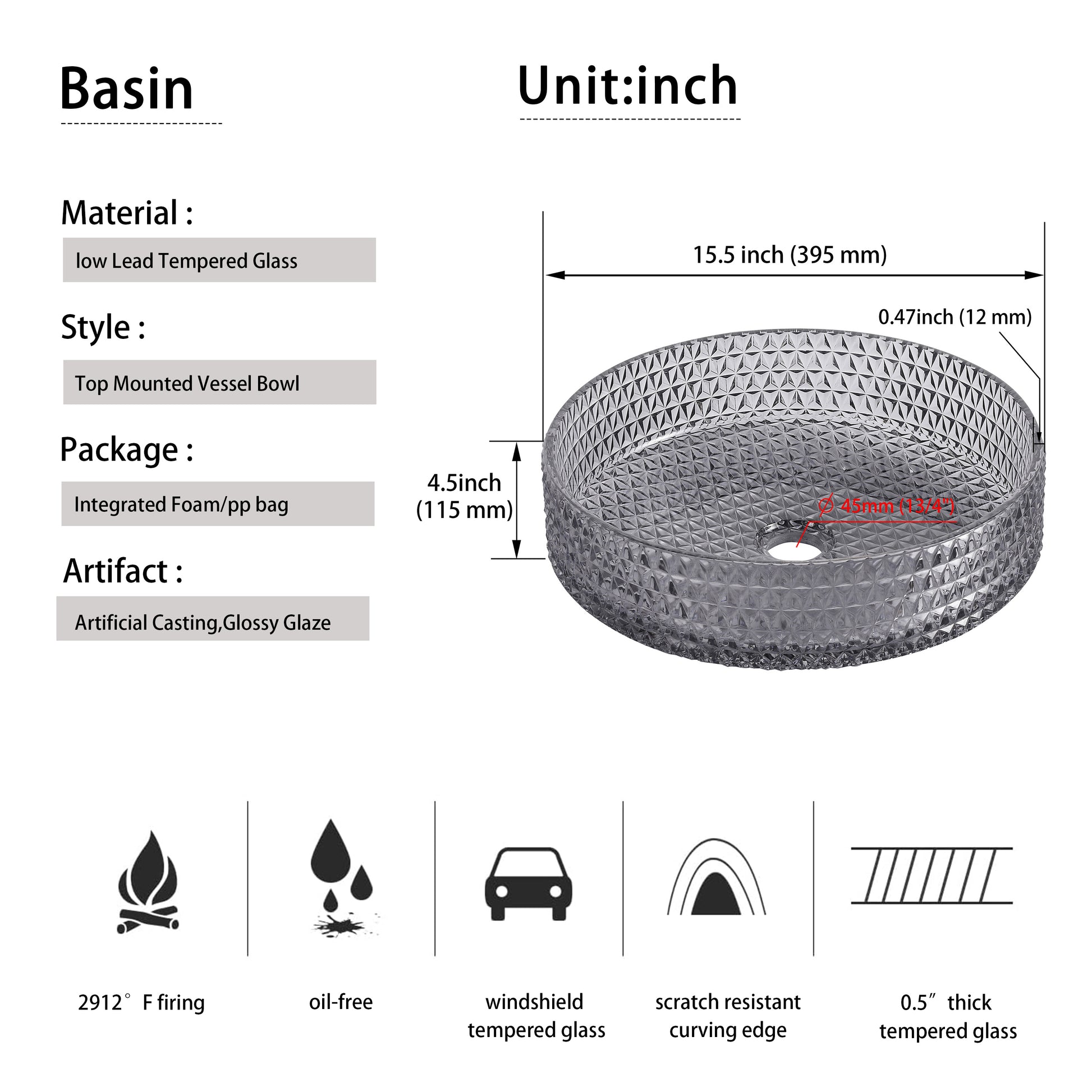 Glass Basin Circular Vessel Bathroom Basin, Bathroom Countertop Basin Transparent Grey Grey Bathroom Modern Glass