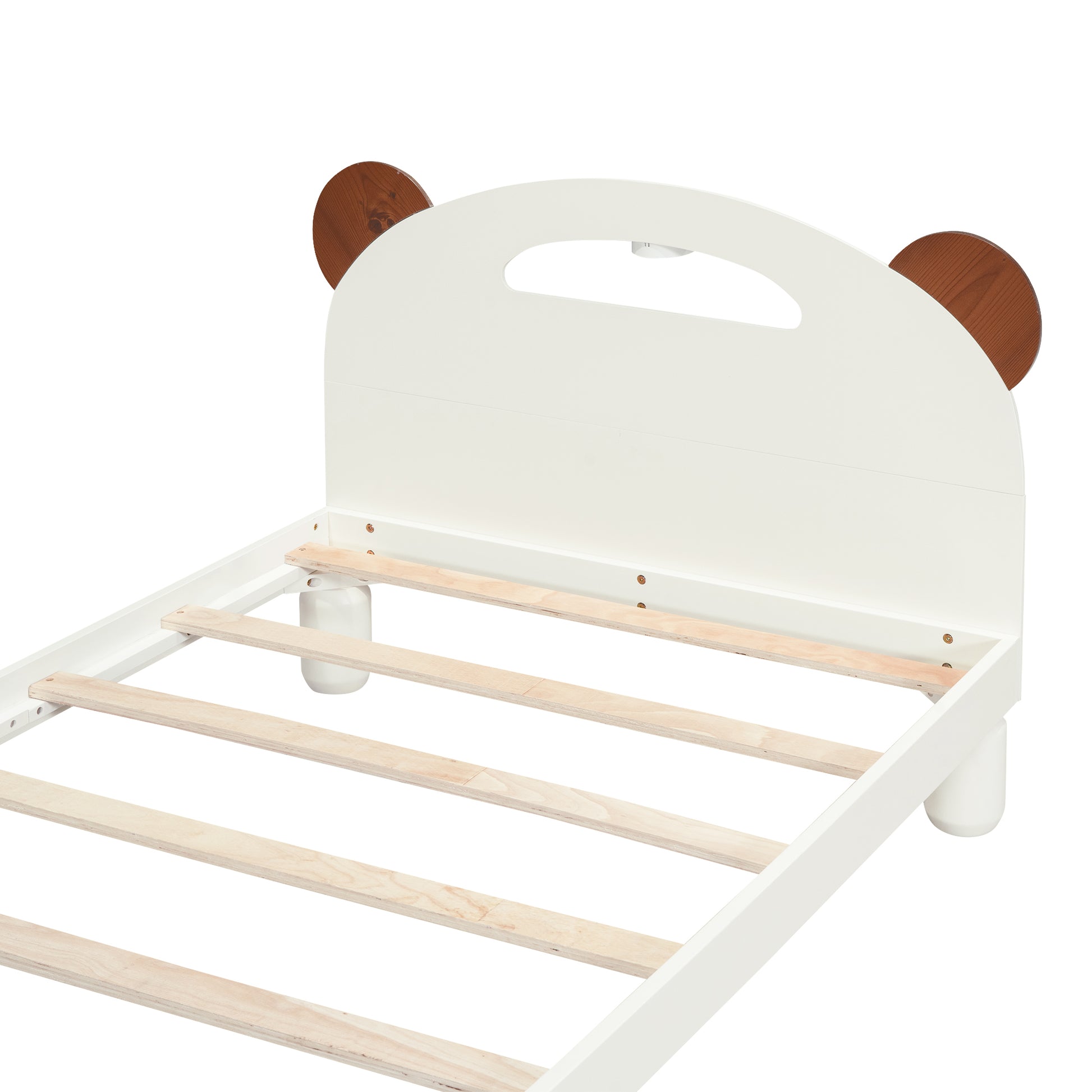 Twin Size Platform Bed With Bear Ears Shaped Headboard And Led, Cream White Box Spring Not Required Twin Cream White Wood Bedroom Solid Wood Mdf