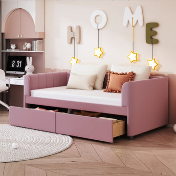 Twin Size Upholstered Daybed With Ergonomic Design Backrest And 2 Drawers, Pink Pink Velvet