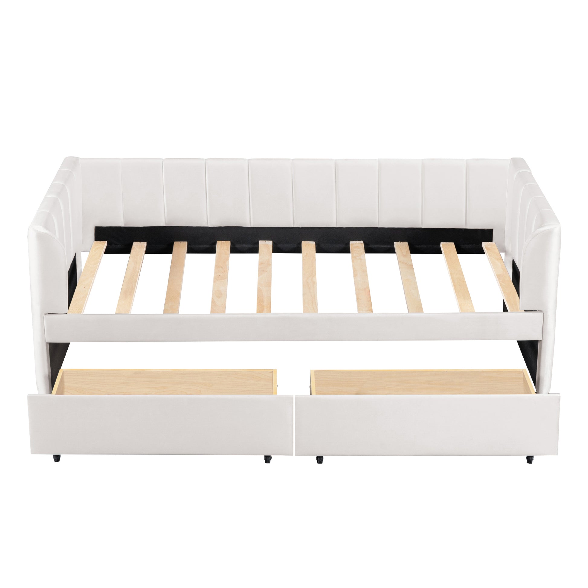 Twin Size Upholstered Daybed With Ergonomic Design Backrest And 2 Drawers, Beige Beige Velvet