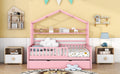 Wooden Full Size House Bed With Twin Size Trundle,Kids Bed With Shelf, Pink Pink Solid Wood