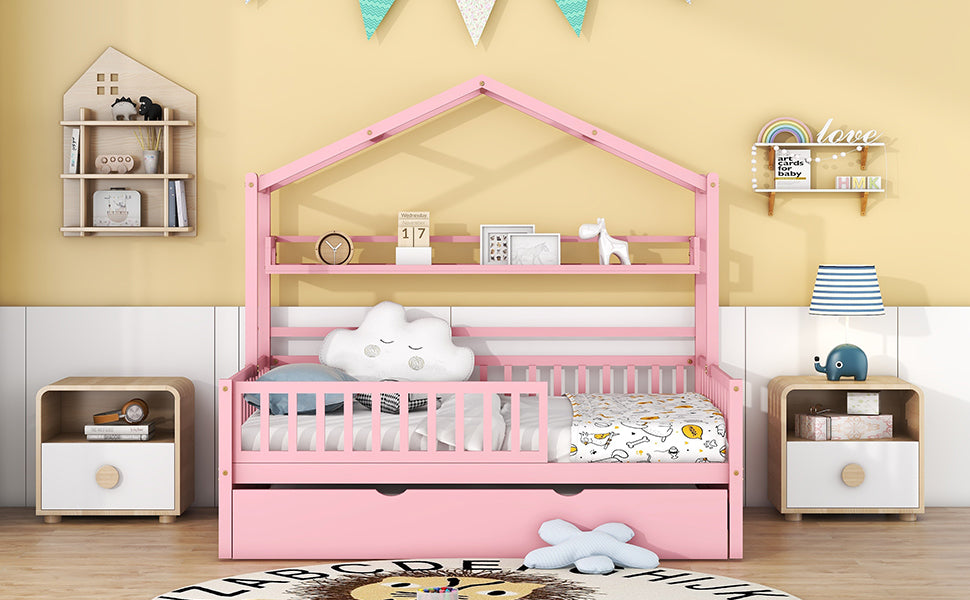 Wooden Full Size House Bed With Twin Size Trundle,Kids Bed With Shelf, Pink Pink Solid Wood