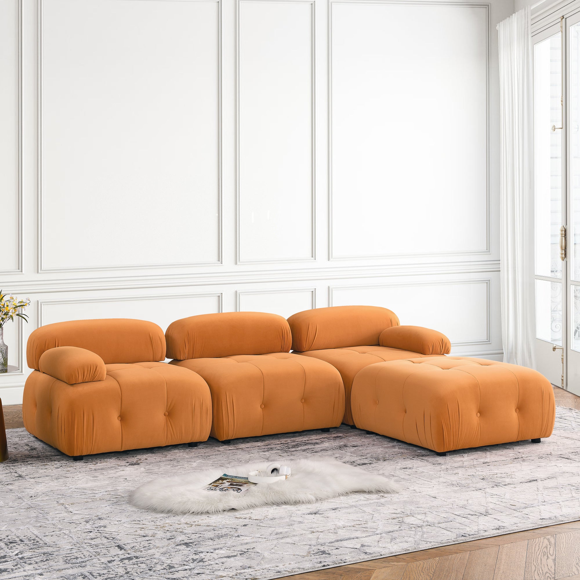 Modular Sectional Sofa, Button Tufted Designed And Diy Combination,L Shaped Couch With Reversible Ottoman, Orange Velvet Orange Velvet Wood Soft Tight Back Eucalyptus Pillow Top Arms Foam Spring