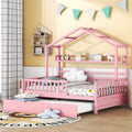 Wooden Full Size House Bed With Twin Size Trundle,Kids Bed With Shelf, Pink Pink Solid Wood