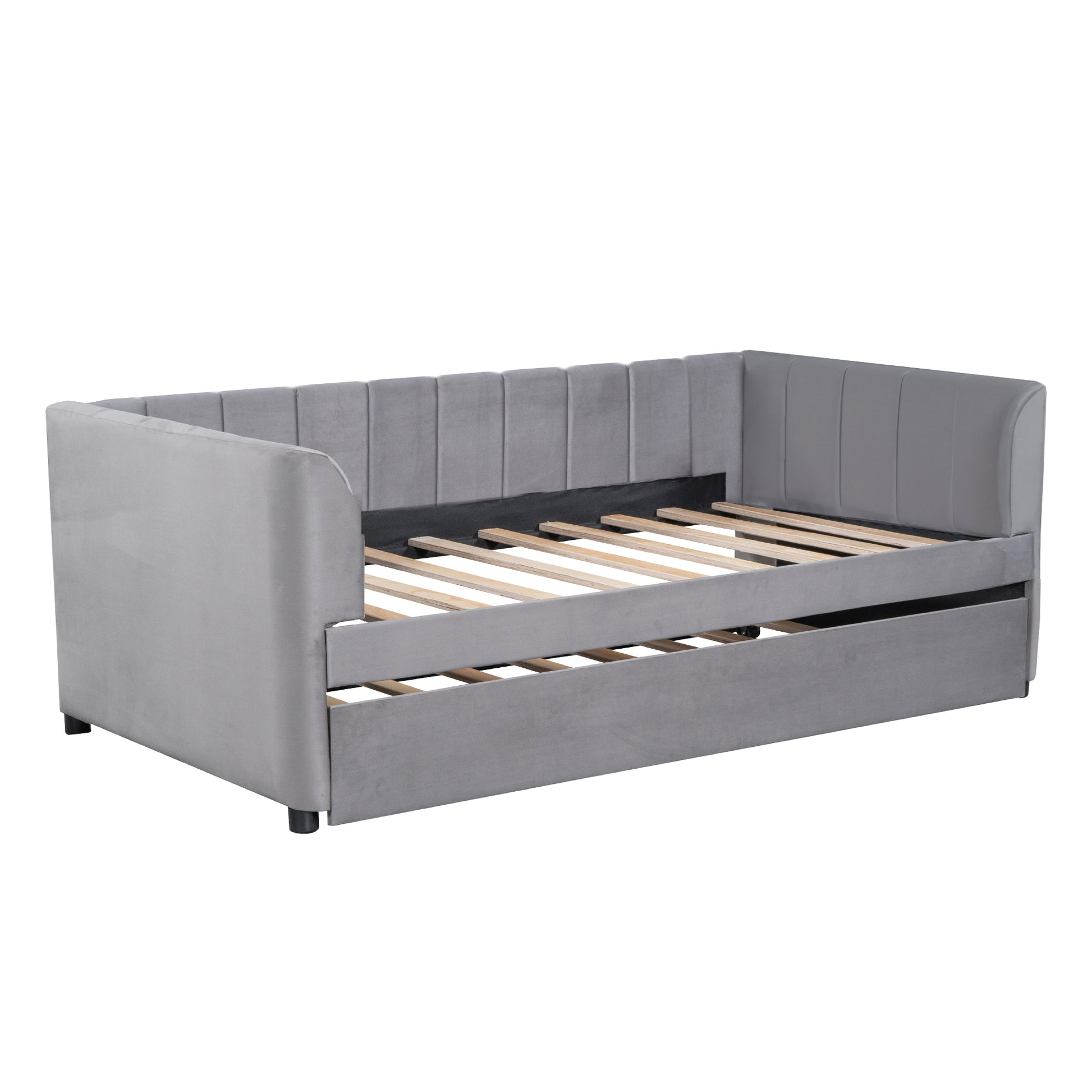 Twin Size Upholstered Daybed With Ergonomic Design Backrest And Trundle, Gray Gray Velvet