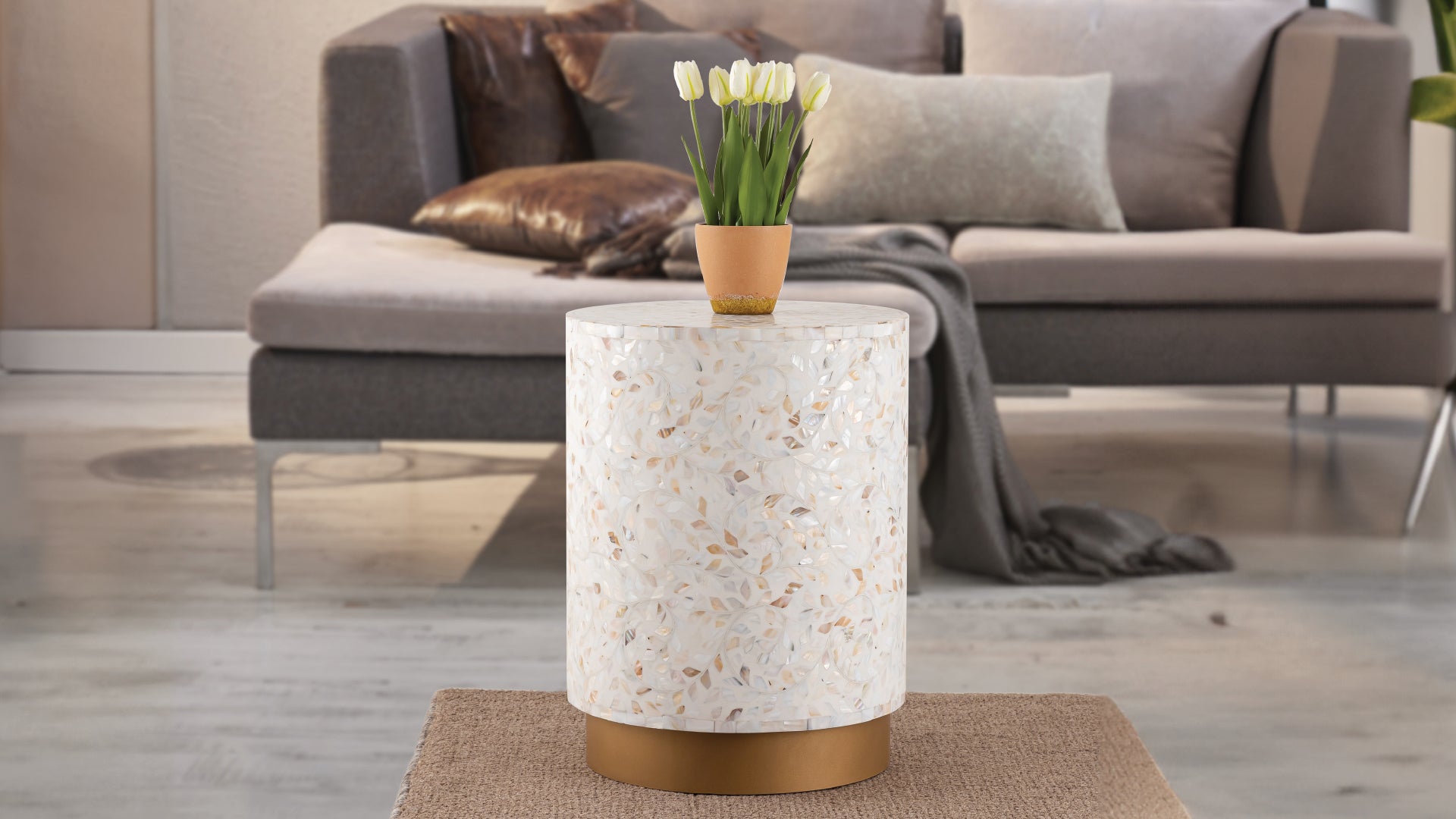 Luxe End Table Ivory Ivory Primary Living Space Modern Tabeltop Round Coffee & End Tables Round Solid Wood Mdf Wood Pedestal