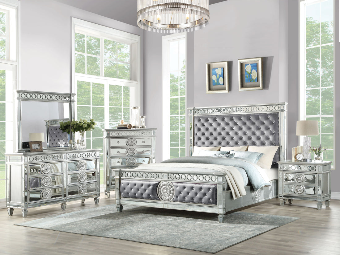 Varian Queen Bed, Gray Fabric & Mirrored Bd02303Q Gray Fabric