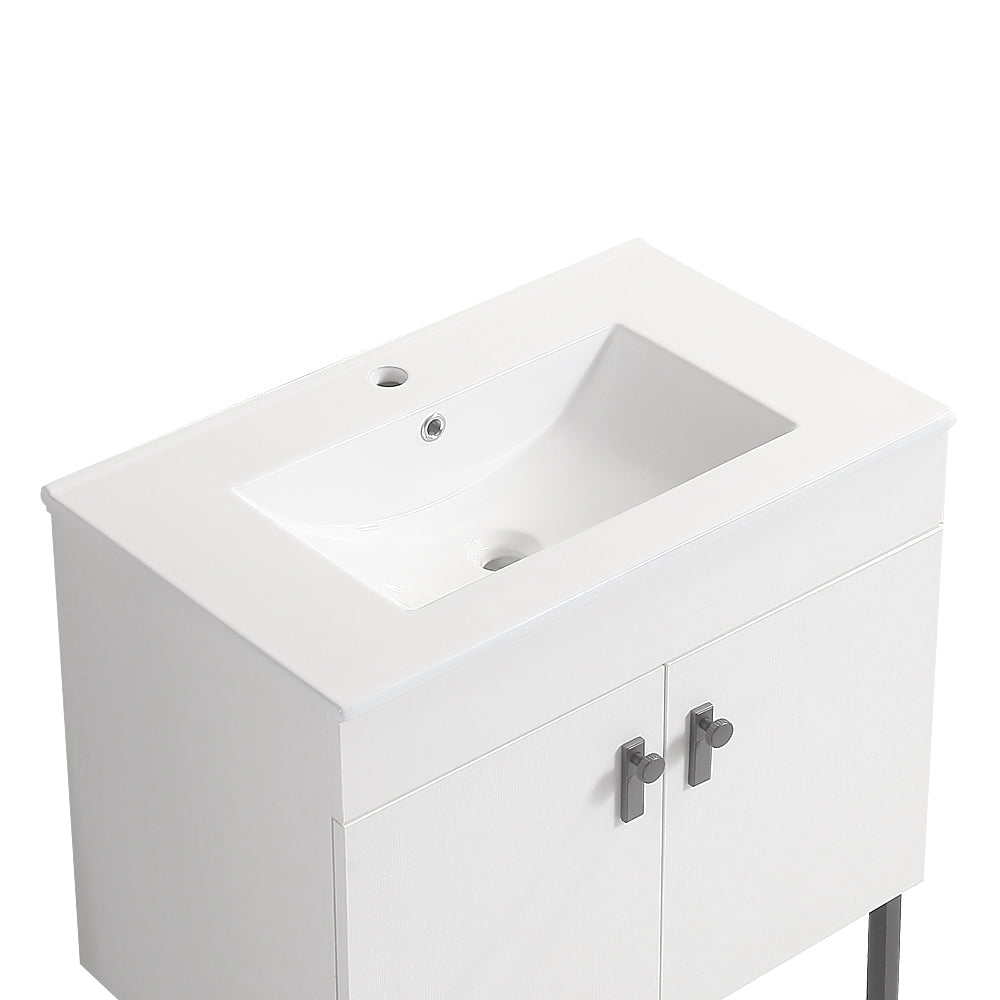 30" Bathroom Vanity With Metal Leg,With White Ceramic Basin,Two Soft Close Cabinet Doors, Solid Wood,Excluding Faucets,White White Solid Wood